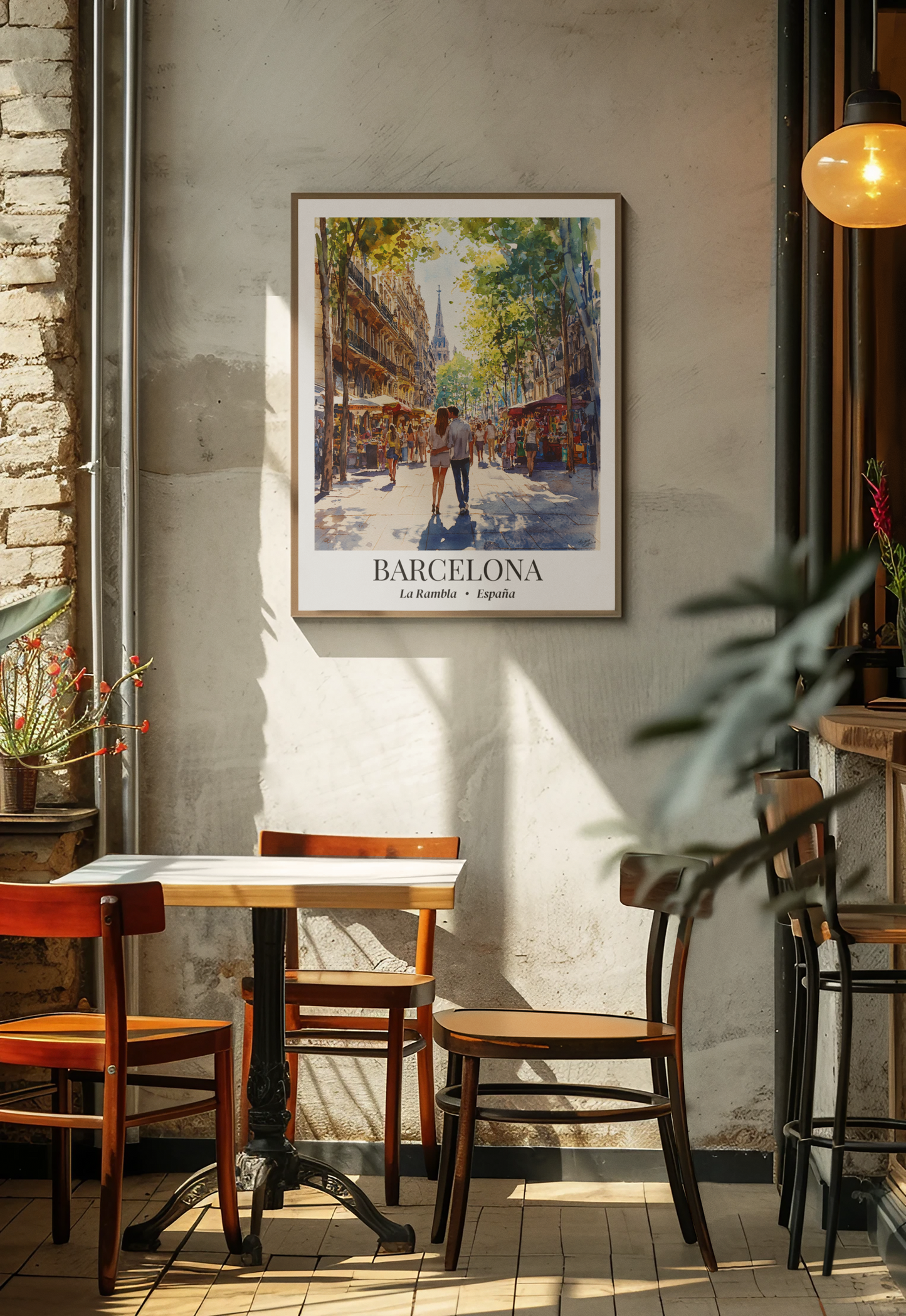 Barcelona Framed Canvas Wall Art – La Rambla Street Scene Print, Cruise Port Memory, Spain Travel Decor, Mediterranean Gift for City Lovers