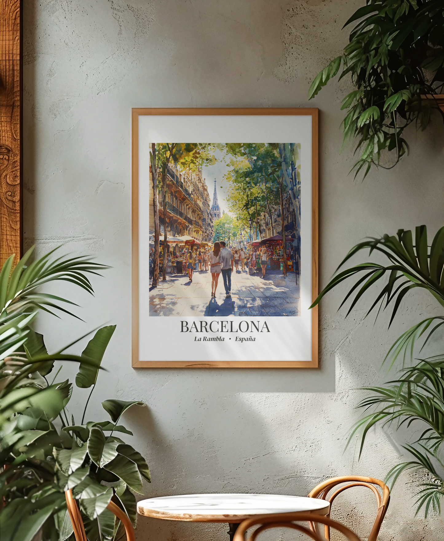 Barcelona Framed Canvas Wall Art – La Rambla Street Scene Print, Cruise Port Memory, Spain Travel Decor, Mediterranean Gift for City Lovers
