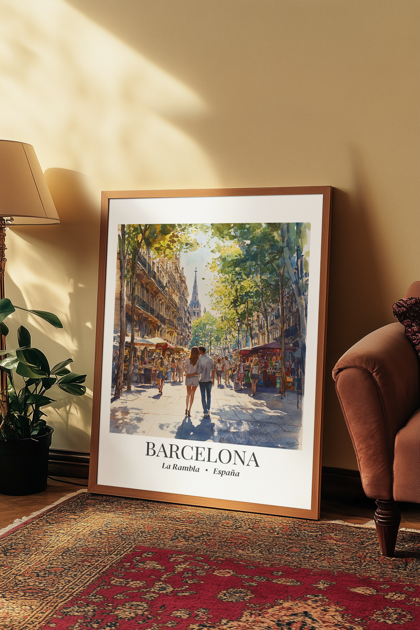 Barcelona Framed Canvas Wall Art – La Rambla Street Scene Print, Cruise Port Memory, Spain Travel Decor, Mediterranean Gift for City Lovers