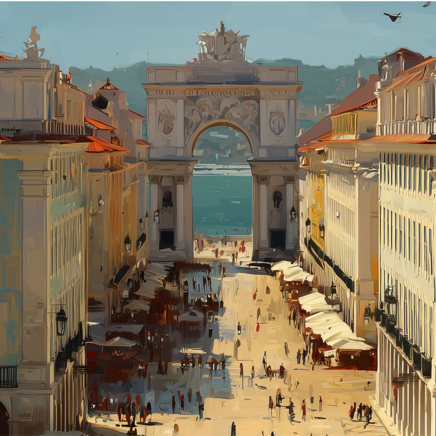 Lisbon Framed Canvas Wall Art – Rua Augusta Print, Cruise Port Memory, Portugal Travel Decor, European Gift for Architecture & Culture Lovers