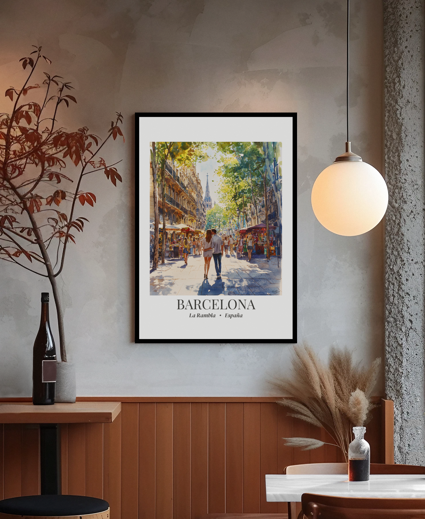 Barcelona Framed Canvas Wall Art – La Rambla Street Scene Print, Cruise Port Memory, Spain Travel Decor, Mediterranean Gift for City Lovers