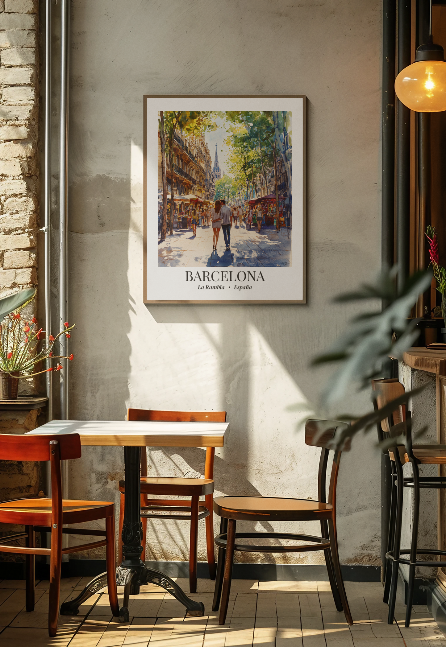 Barcelona Framed Canvas Wall Art – La Rambla Street Scene Print, Cruise Port Memory, Spain Travel Decor, Mediterranean Gift for City Lovers