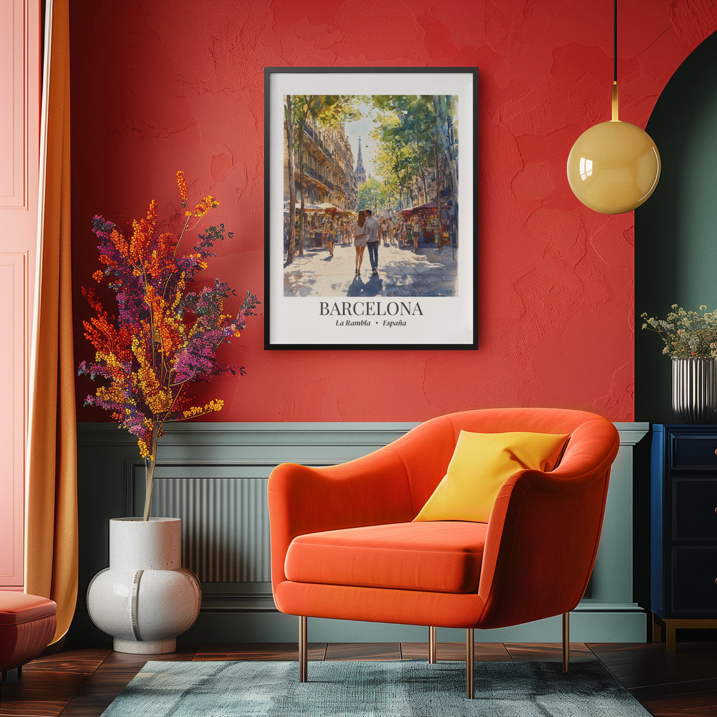 Barcelona Framed Canvas Wall Art – La Rambla Street Scene Print, Cruise Port Memory, Spain Travel Decor, Mediterranean Gift for City Lovers