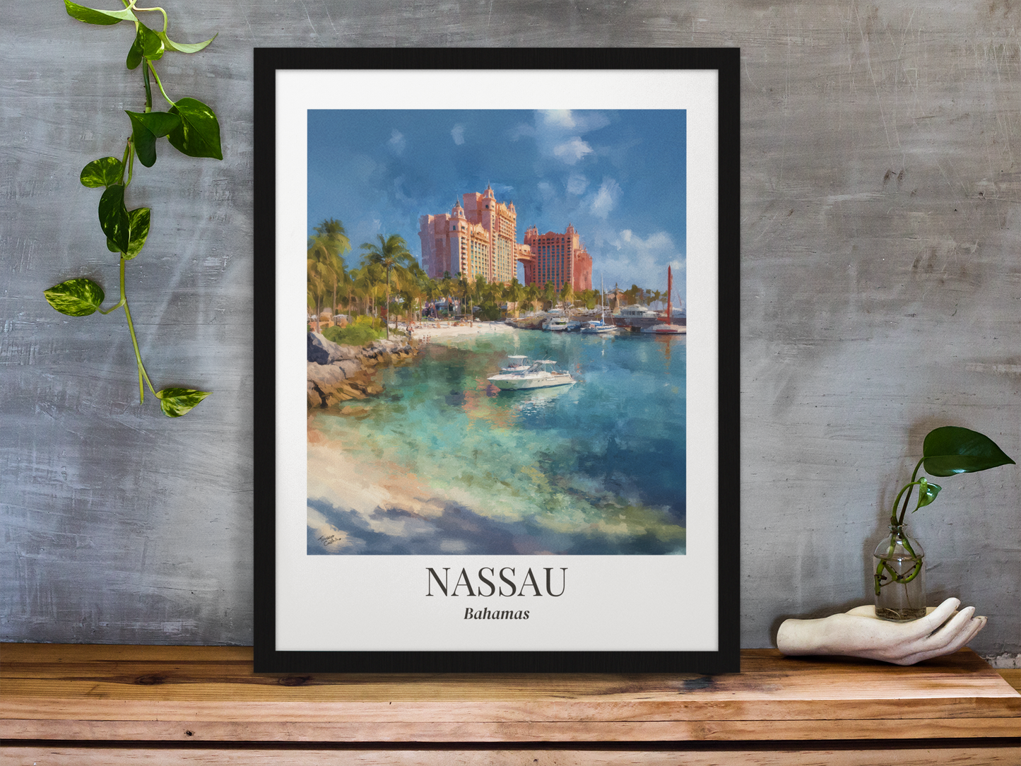 Nassau Framed Canvas Wall Art – Atlantis Resort Print, Cruise Ship Vacation Memory, Bahamas Decor, Beach House Gift for Travelers