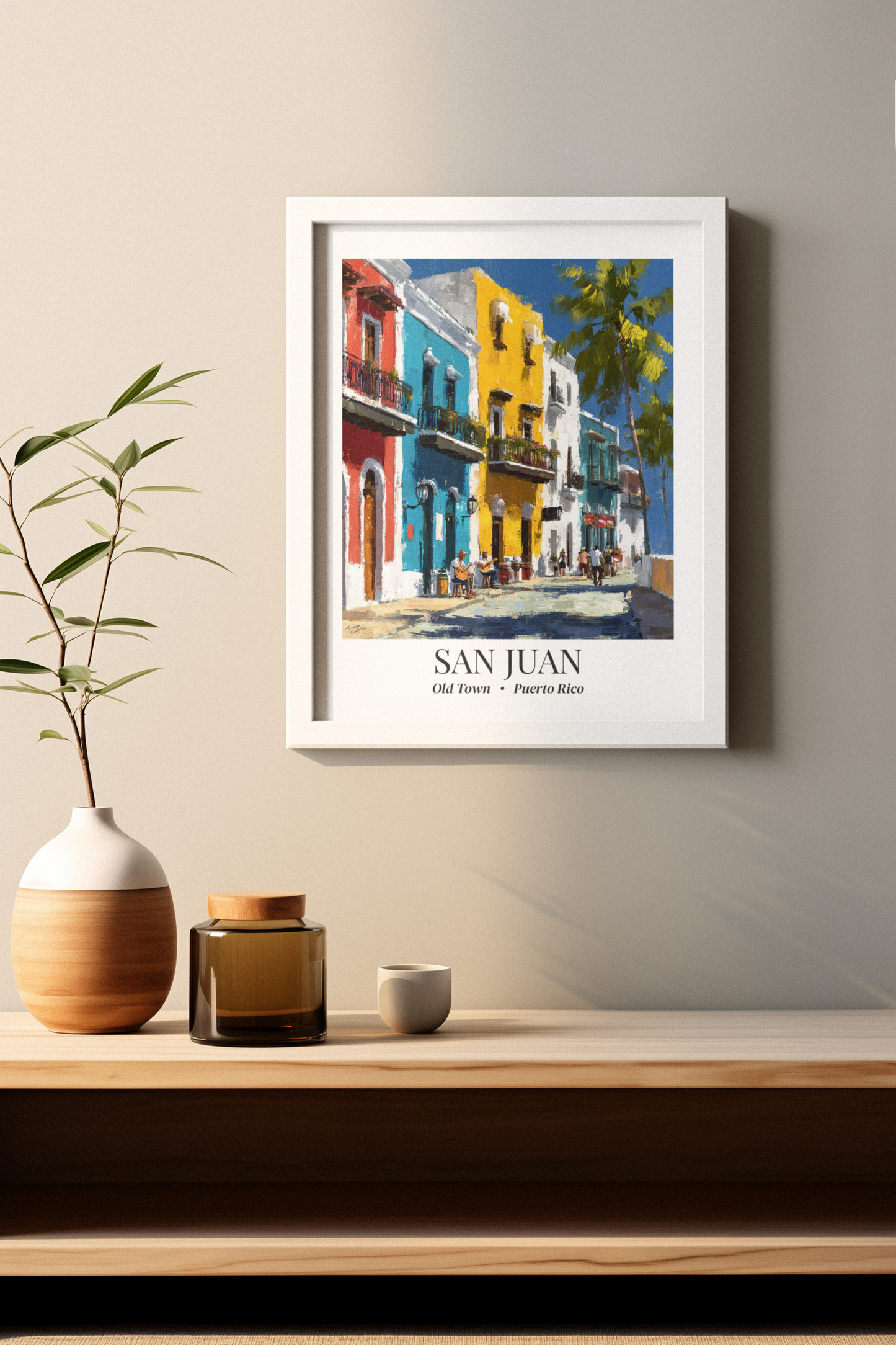 San Juan Framed Canvas Wall Art – Old Town Streets Print, Cruise Ship Vacation Memory, Puerto Rico Decor, Colonial Architecture Gift for Travelers