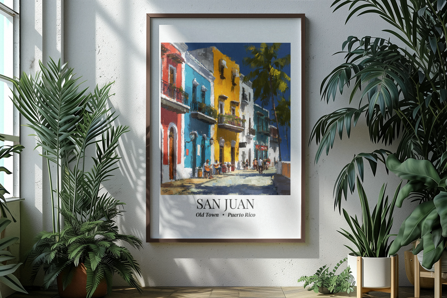 San Juan Framed Canvas Wall Art – Old Town Streets Print, Cruise Ship Vacation Memory, Puerto Rico Decor, Colonial Architecture Gift for Travelers