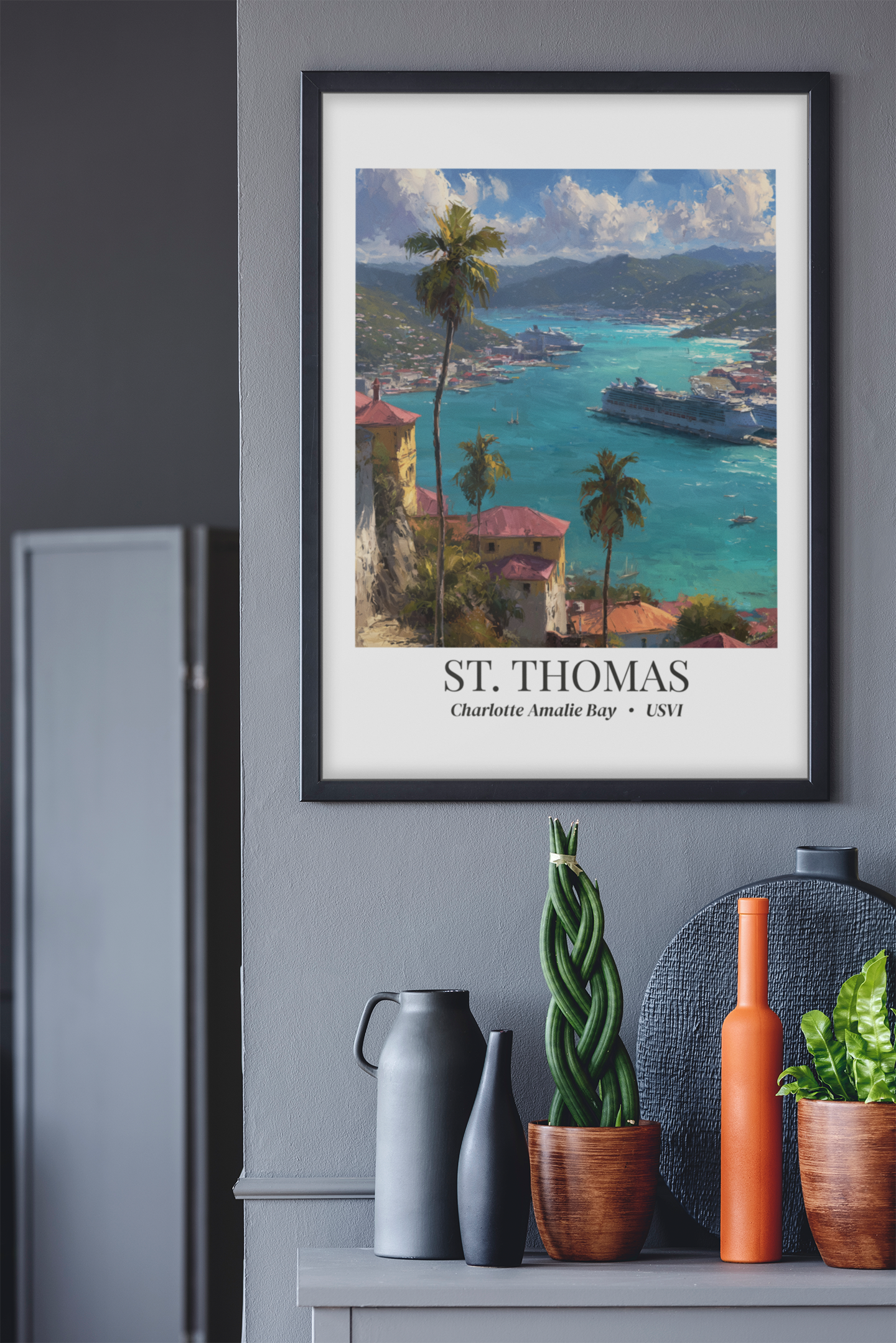 St. Thomas Framed Canvas Wall Art – Fine Art, Charlotte Amalie Bay Print, Travel Memory, Caribbean Wall Decor, Nature-Inspired Gift