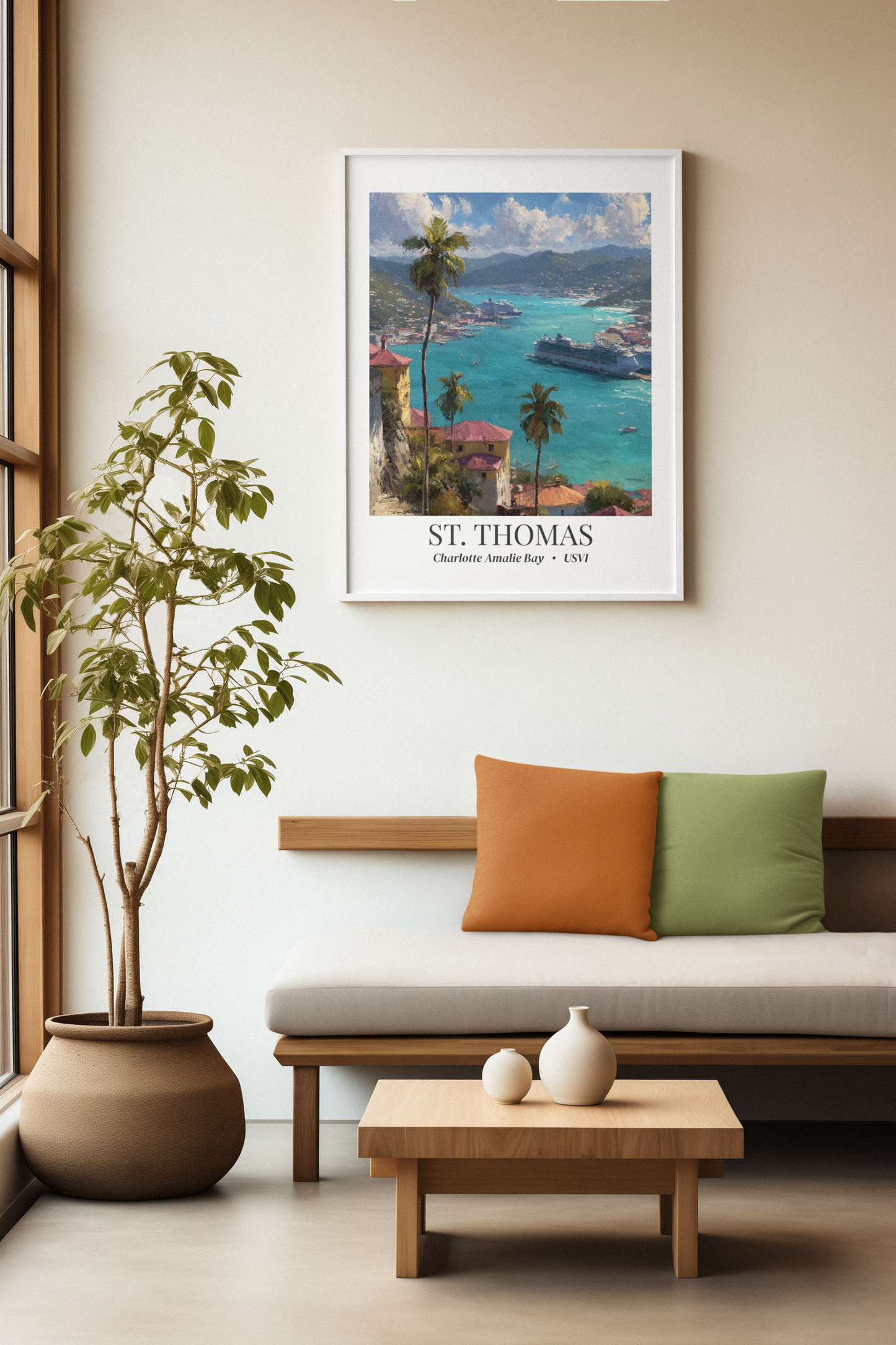 St. Thomas Framed Canvas Wall Art – Fine Art, Charlotte Amalie Bay Print, Travel Memory, Caribbean Wall Decor, Nature-Inspired Gift