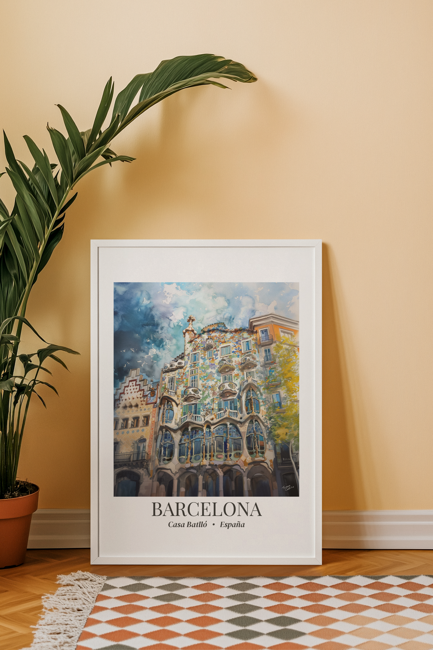 Barcelona Framed Canvas Wall Art – Casa Batlló Print, Cruise Port Memory, Spain Travel Decor, Mediterranean Gift for Architecture Lovers