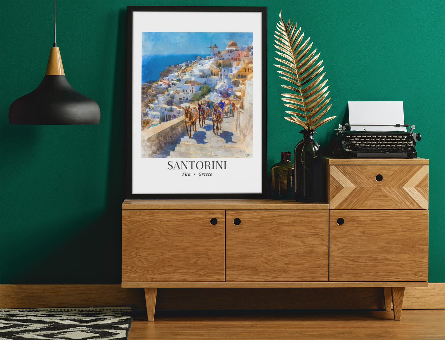 Santorini Framed Canvas Wall Art – Fine Art, Donkeys of Fira Print, Travel Memory, Greece Wall Decor, Nature-Inspired Gift
