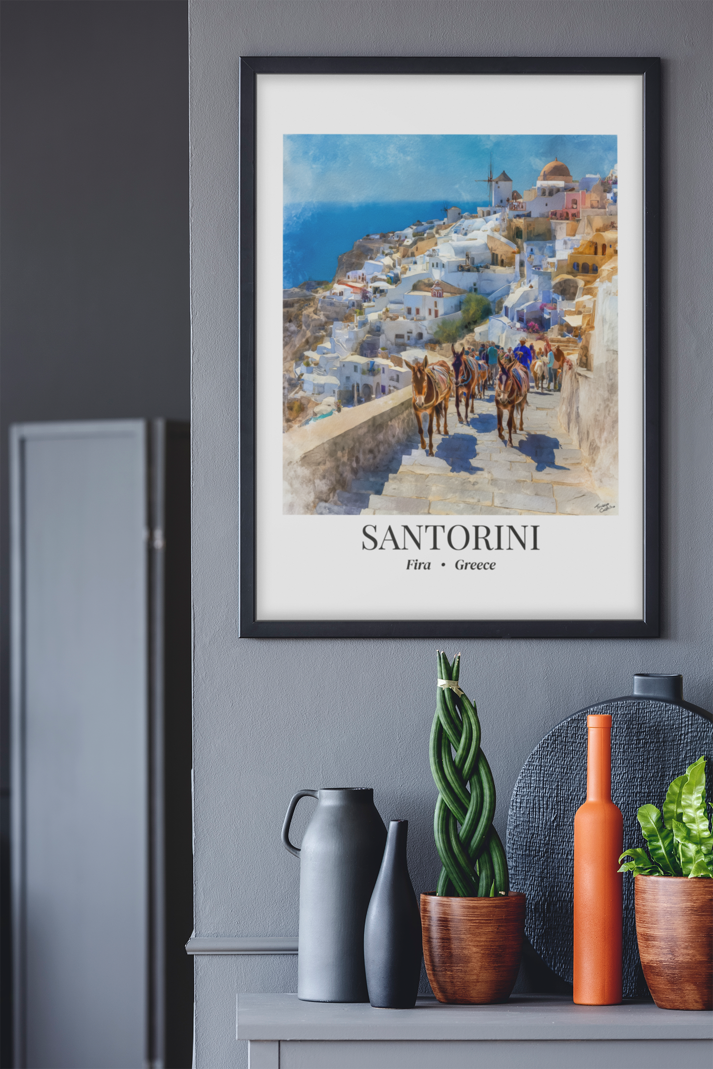 Santorini Framed Canvas Wall Art – Fine Art, Donkeys of Fira Print, Travel Memory, Greece Wall Decor, Nature-Inspired Gift
