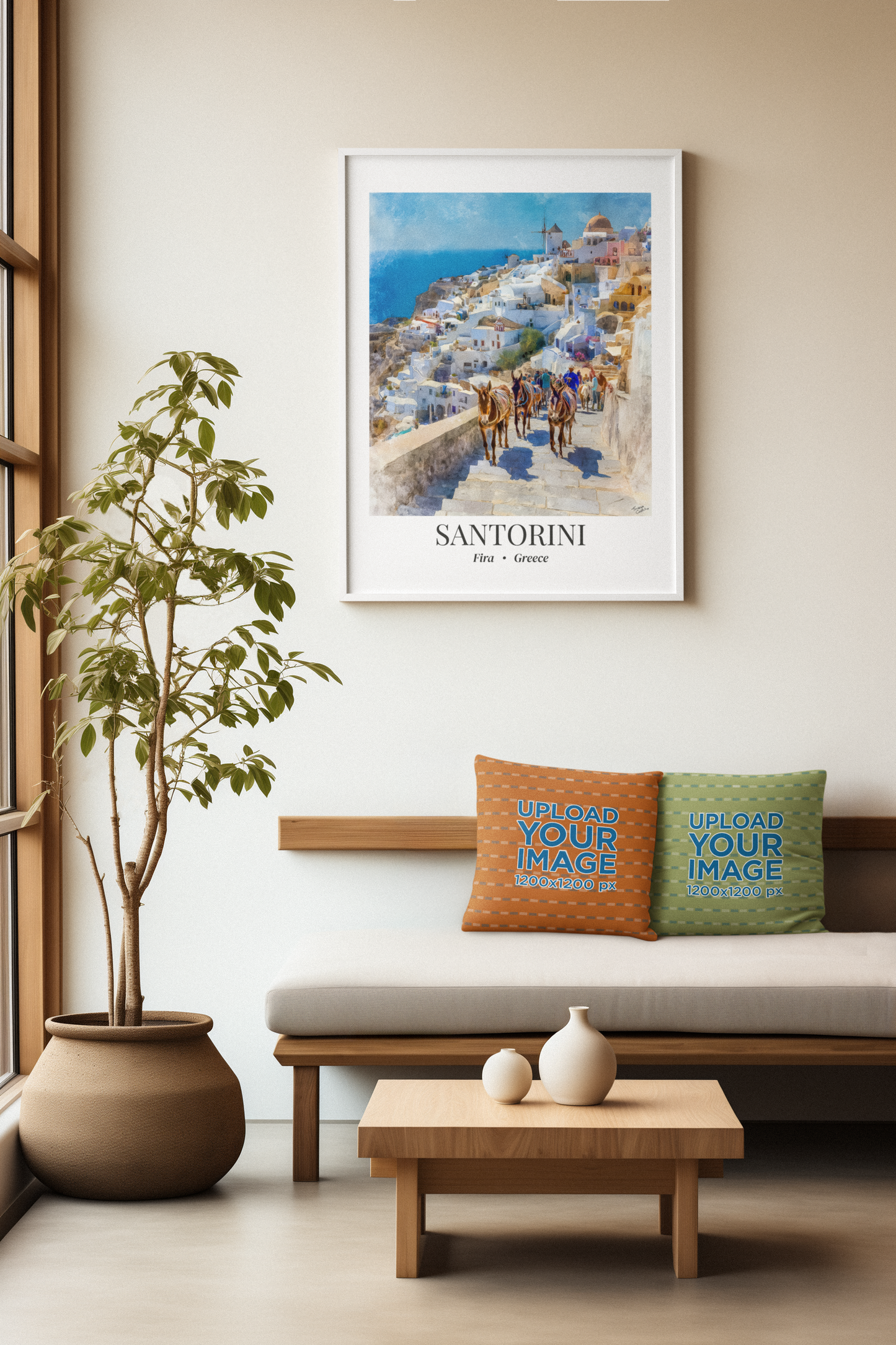 Santorini Framed Canvas Wall Art – Fine Art, Donkeys of Fira Print, Travel Memory, Greece Wall Decor, Nature-Inspired Gift