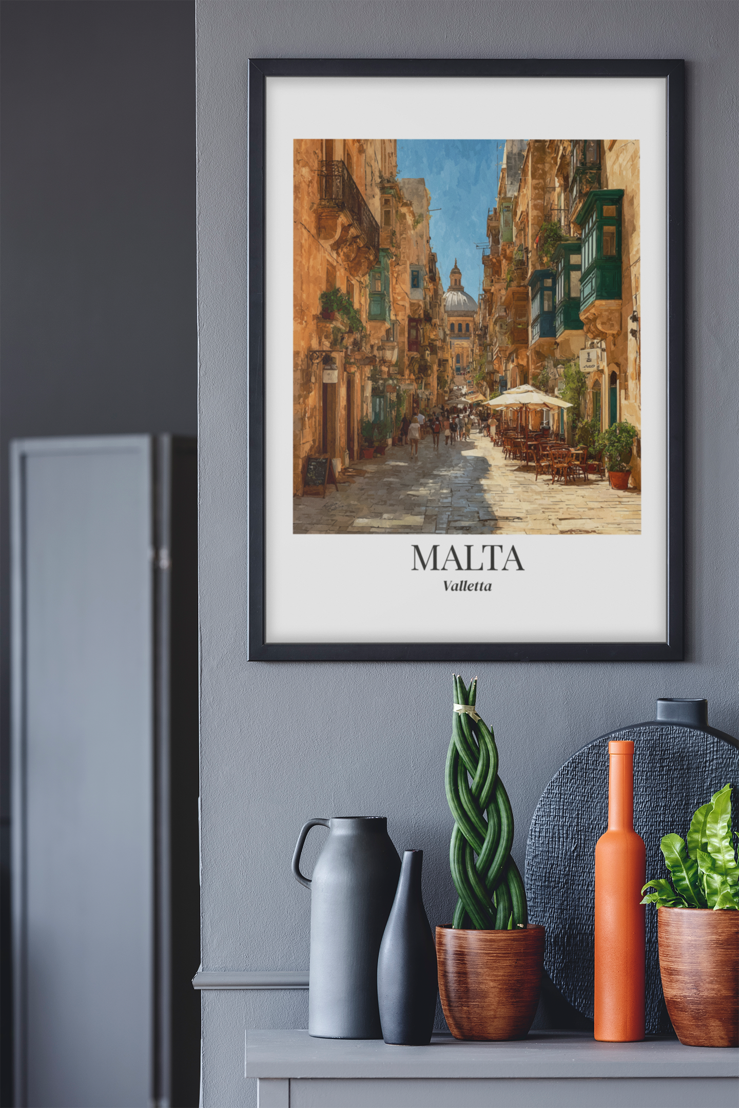 Malta Valletta Street Framed Canvas Fine Art — Vintage Mediterranean Travel Poster