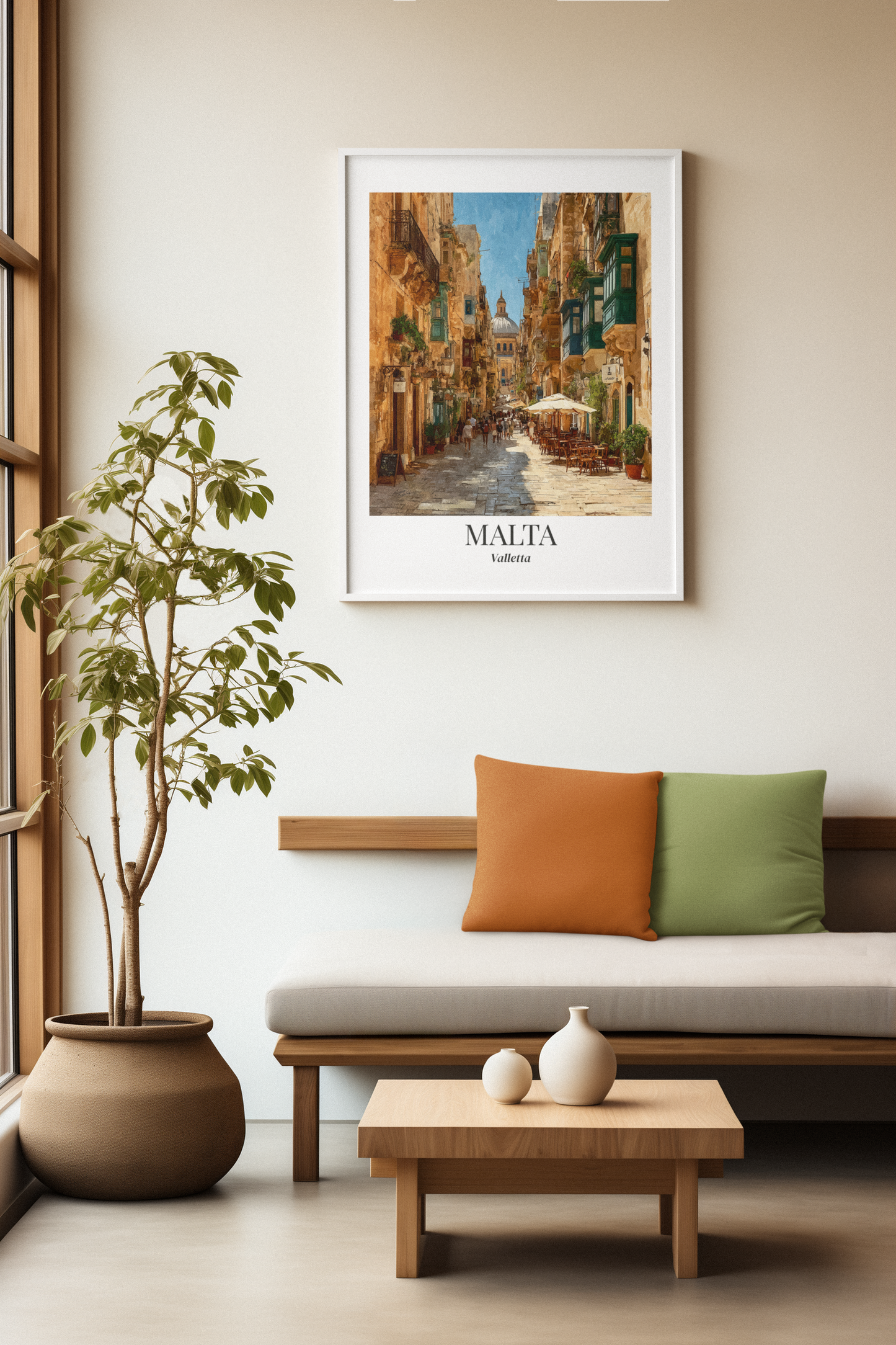 Malta Valletta Street Framed Canvas Fine Art — Vintage Mediterranean Travel Poster