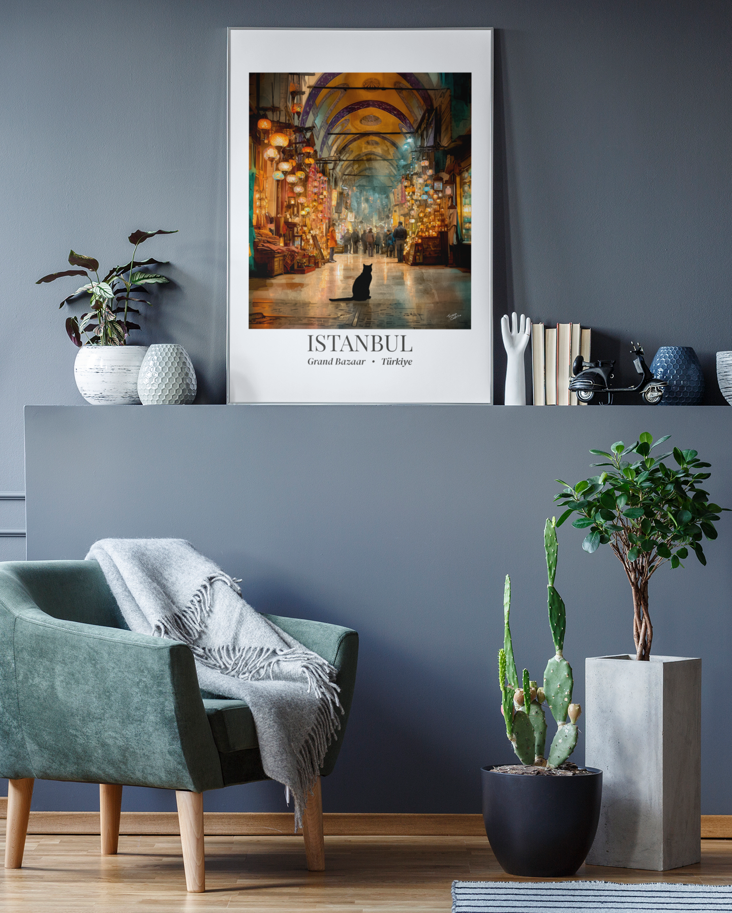 Istanbul Grand Bazaar Framed Canvas Print — Vintage Travel Poster with Cat