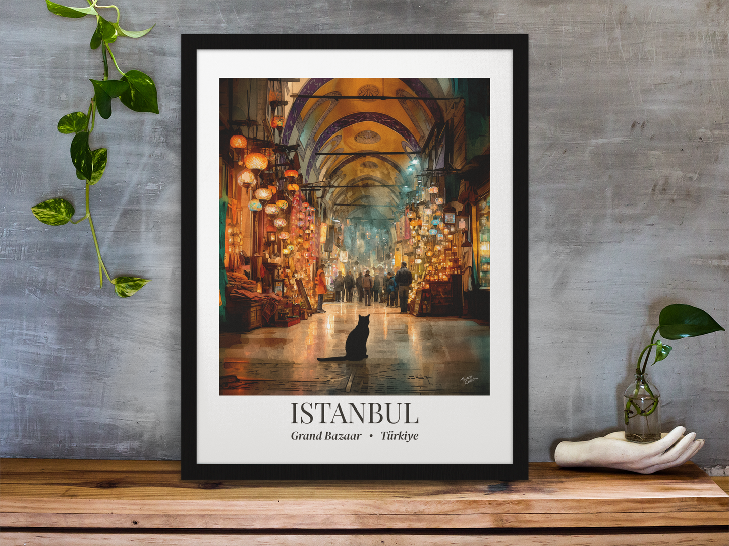 Istanbul Grand Bazaar Framed Canvas Print — Vintage Travel Poster with Cat