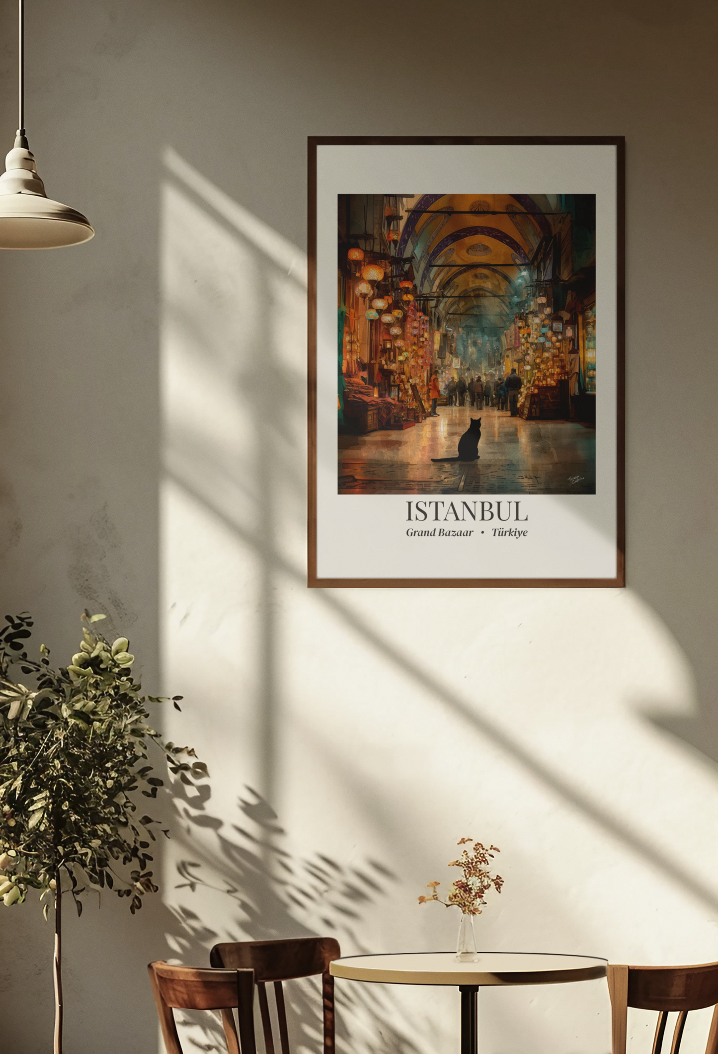 Istanbul Grand Bazaar Framed Canvas Print — Vintage Travel Poster with Cat