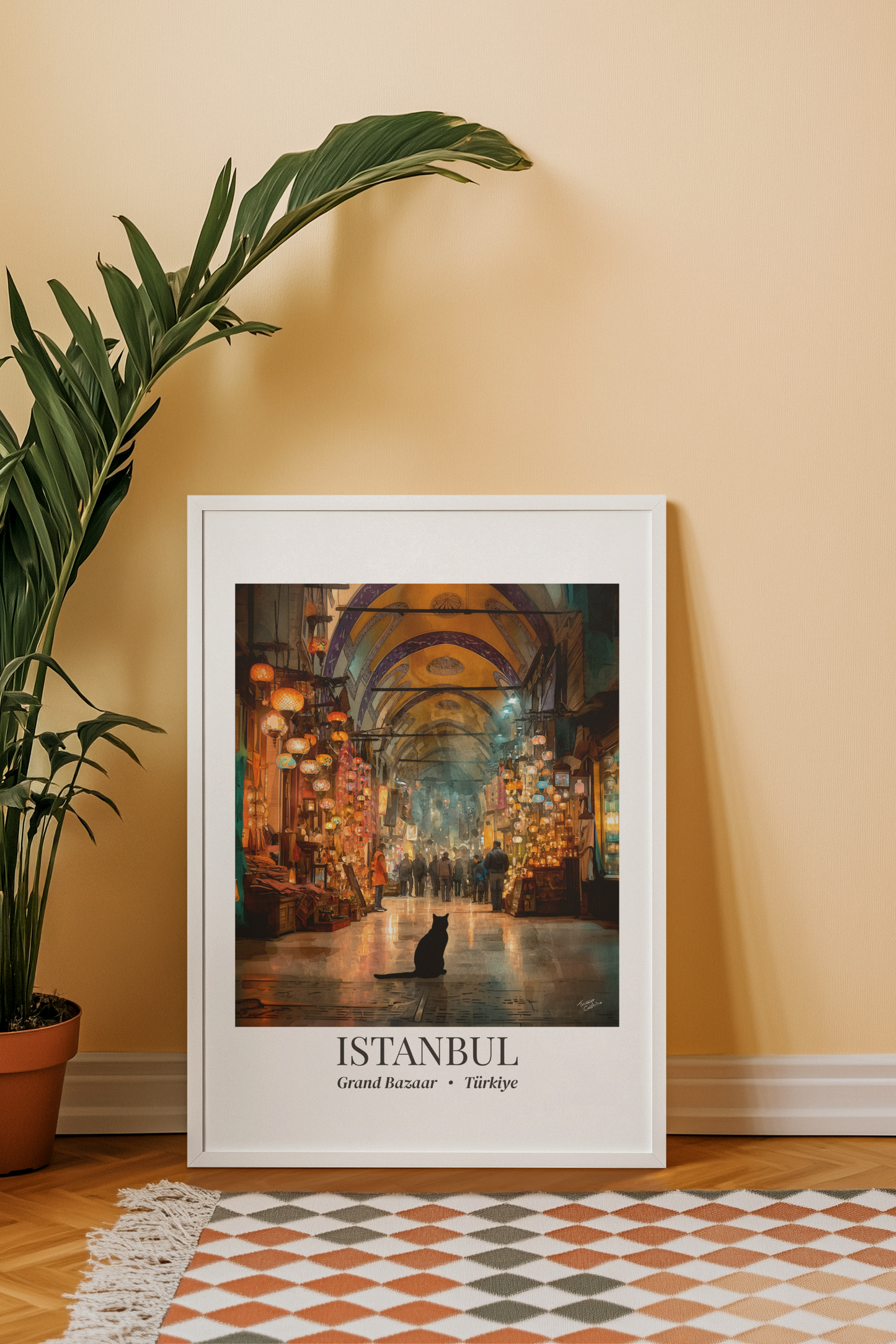 Istanbul Grand Bazaar Framed Canvas Print — Vintage Travel Poster with Cat