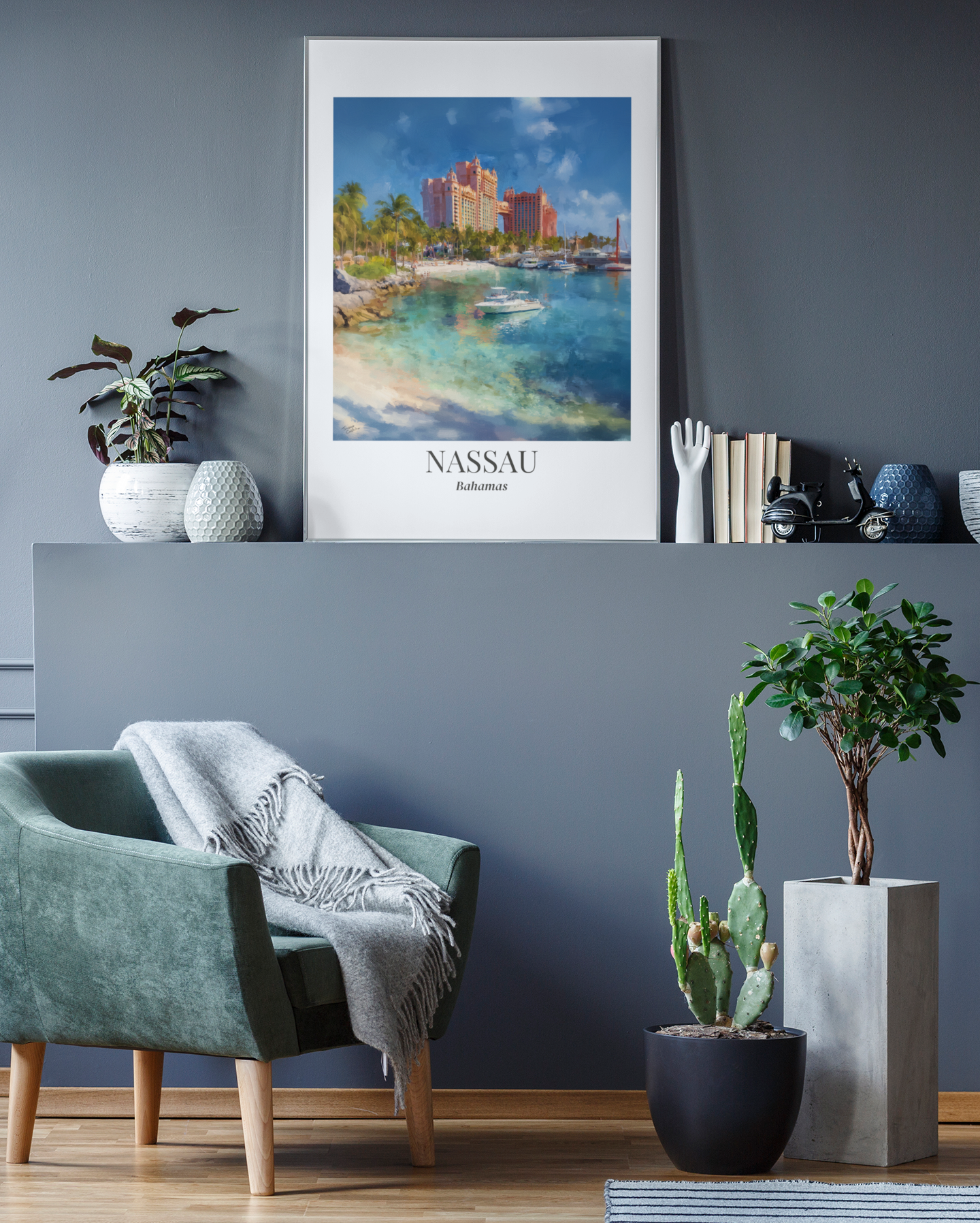 Nassau Framed Canvas Wall Art – Atlantis Resort Print, Cruise Ship Vacation Memory, Bahamas Decor, Beach House Gift for Travelers