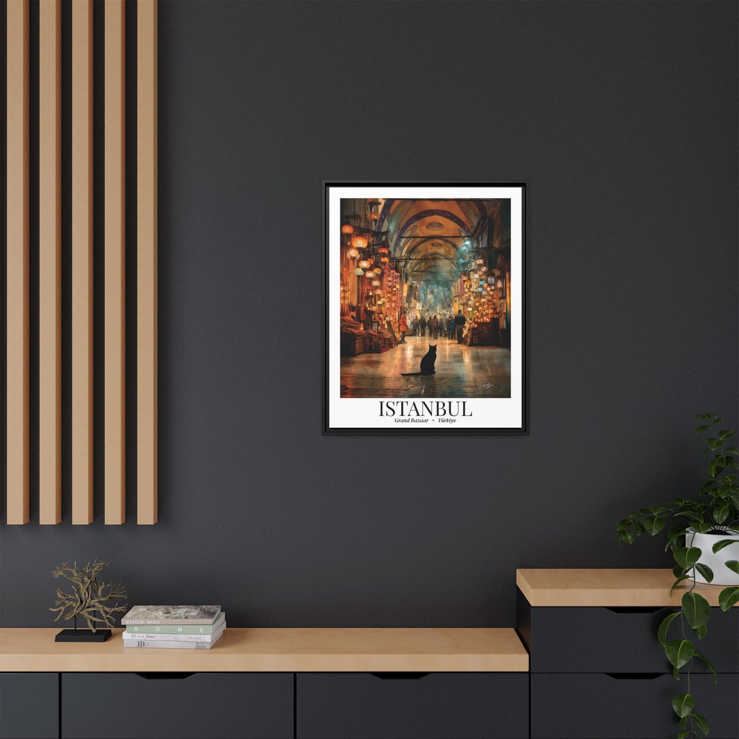 Istanbul Grand Bazaar Framed Canvas Print — Vintage Travel Poster with Cat