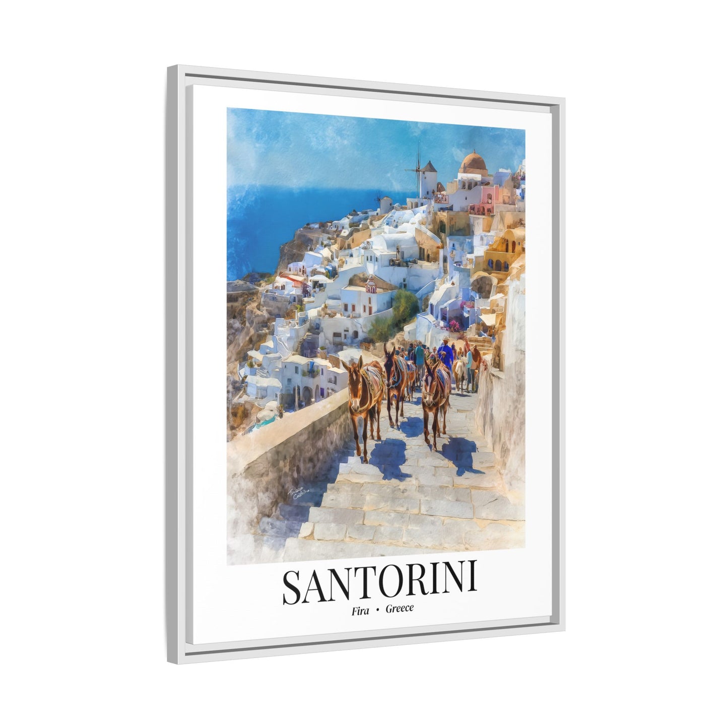 Santorini Framed Canvas Wall Art – Fine Art, Donkeys of Fira Print, Travel Memory, Greece Wall Decor, Nature-Inspired Gift