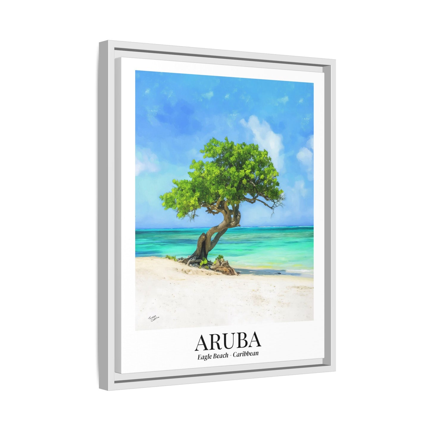Aruba Framed Canvas Wall Art – Eagle Beach, Fofoti Tree Print, Cruise Ship Vacation Memory, Caribbean Decor, Beach House Gift for Travelers
