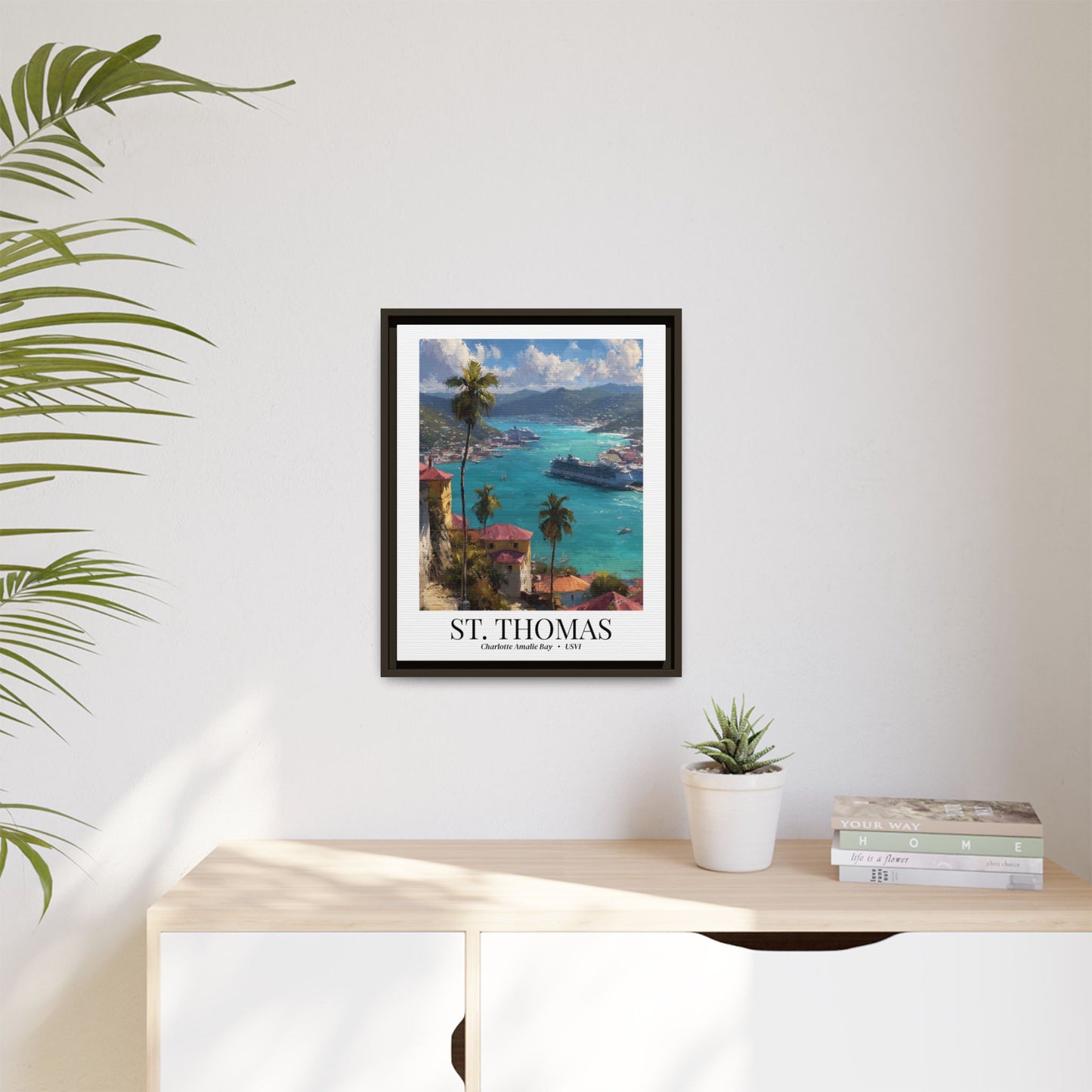St. Thomas Framed Canvas Wall Art – Fine Art, Charlotte Amalie Bay Print, Travel Memory, Caribbean Wall Decor, Nature-Inspired Gift
