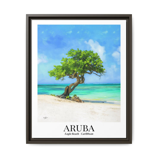 Aruba Framed Canvas Wall Art – Eagle Beach, Fofoti Tree Print, Cruise Ship Vacation Memory, Caribbean Decor, Beach House Gift for Travelers