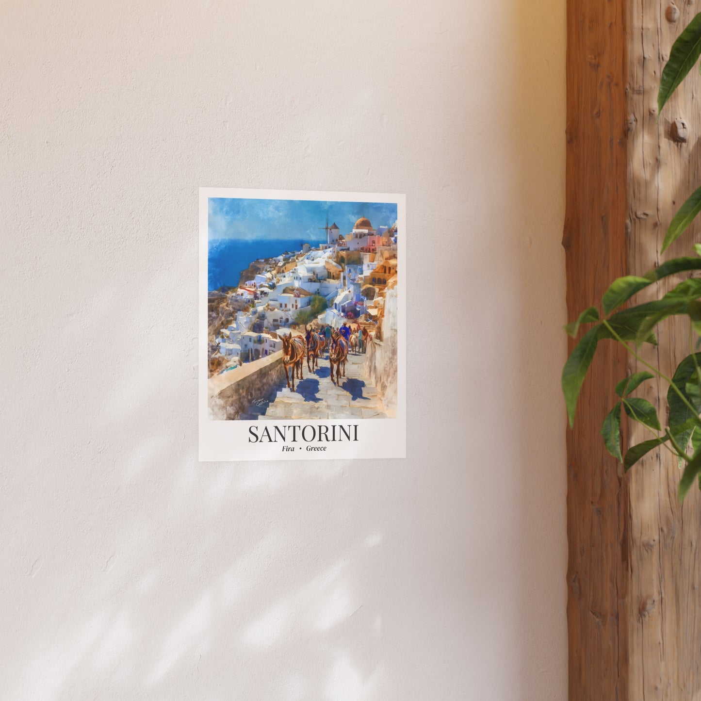 Santorini Travel Poster – Fine Art Print, Donkeys of Fira Artwork, Shared Memory Wall Decor, Greece Souvenir
