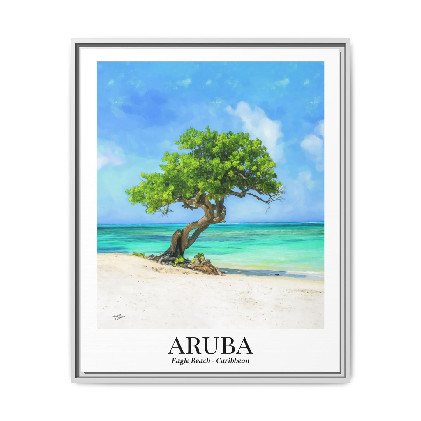 Aruba Framed Canvas Wall Art – Eagle Beach, Fofoti Tree Print, Cruise Ship Vacation Memory, Caribbean Decor, Beach House Gift for Travelers