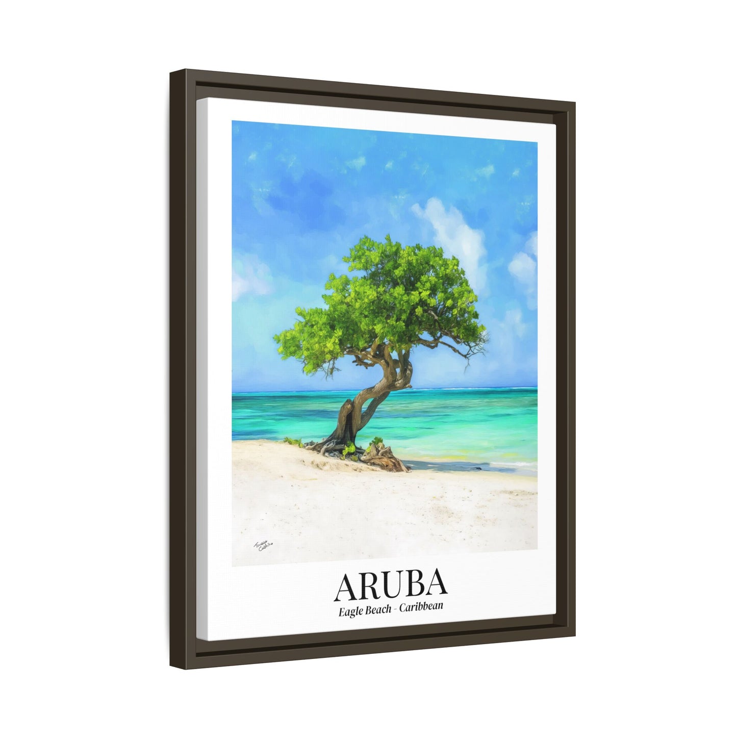 Aruba Framed Canvas Wall Art – Eagle Beach, Fofoti Tree Print, Cruise Ship Vacation Memory, Caribbean Decor, Beach House Gift for Travelers
