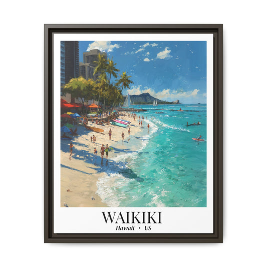 Waikiki Beach Poster Canvas Framed | Tropical Hawaii Wall Art
