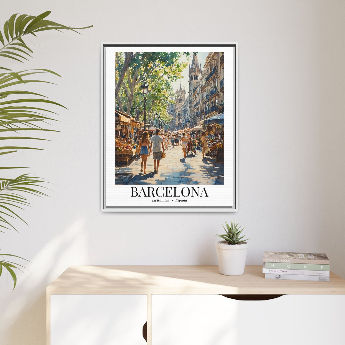 Barcelona Framed Canvas Wall Art – La Rambla Street Scene Print, Cruise Port Memory, Spain Travel Decor, Mediterranean Gift for City Lovers