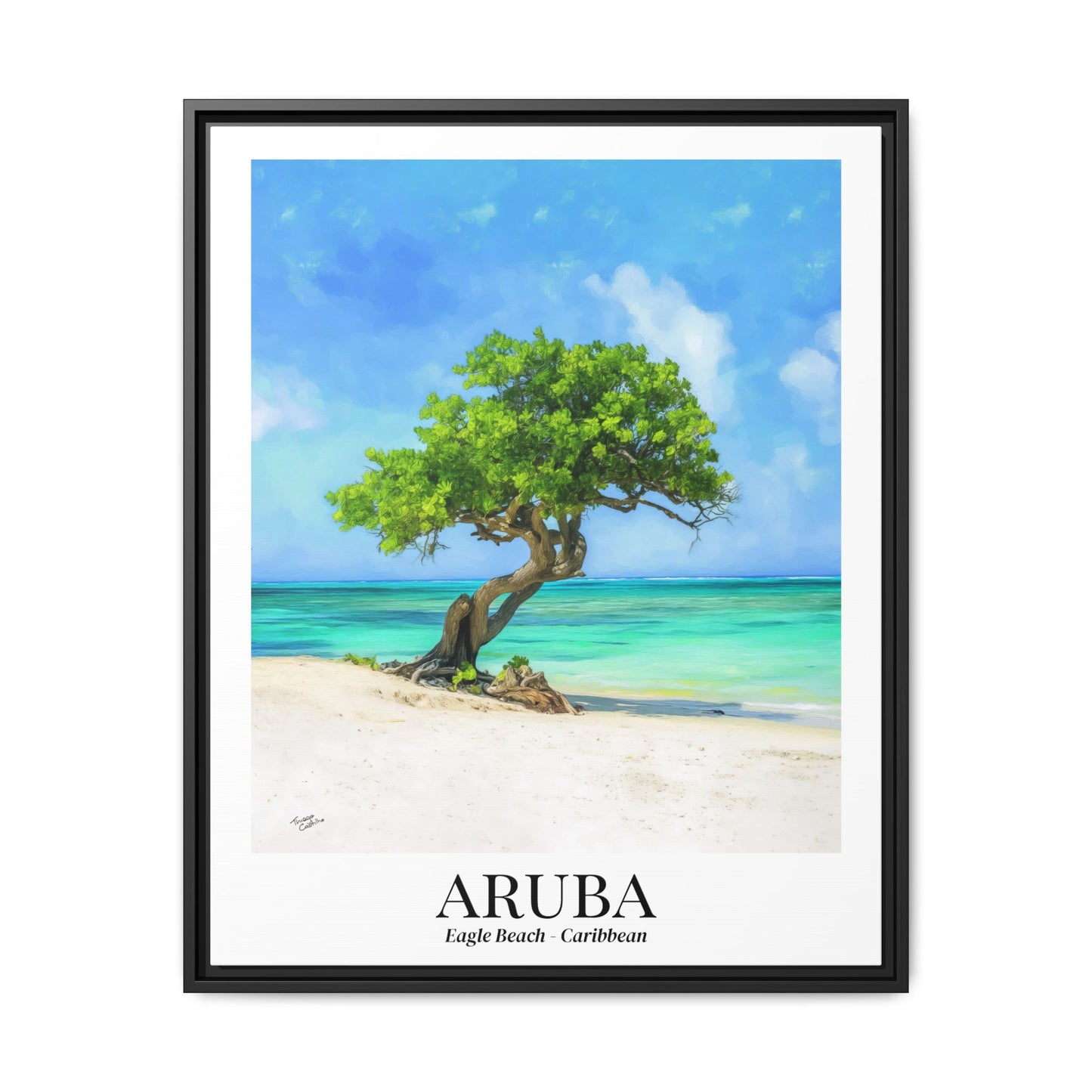 Aruba Framed Canvas Wall Art – Eagle Beach, Fofoti Tree Print, Cruise Ship Vacation Memory, Caribbean Decor, Beach House Gift for Travelers