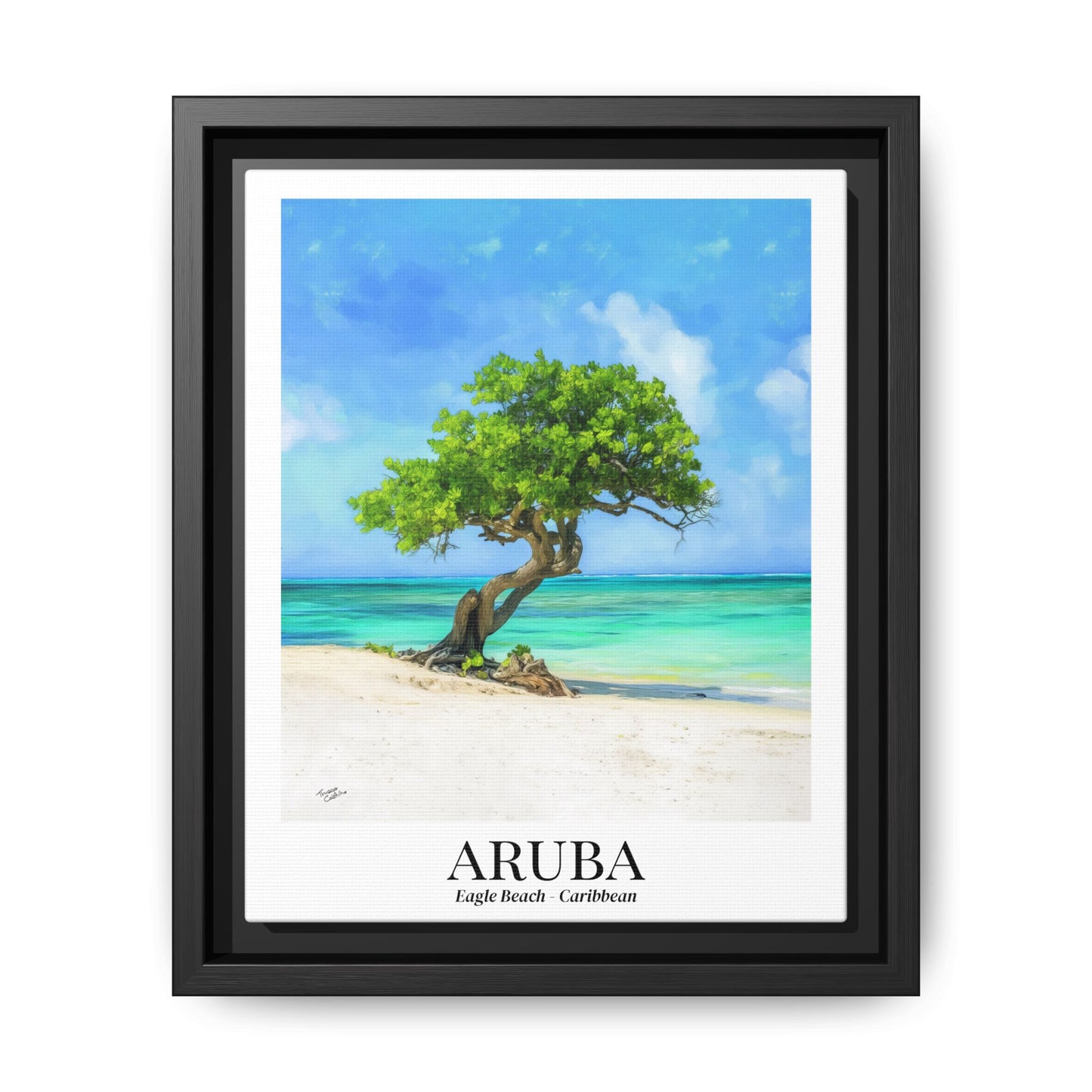 Aruba Framed Canvas Wall Art – Eagle Beach, Fofoti Tree Print, Cruise Ship Vacation Memory, Caribbean Decor, Beach House Gift for Travelers
