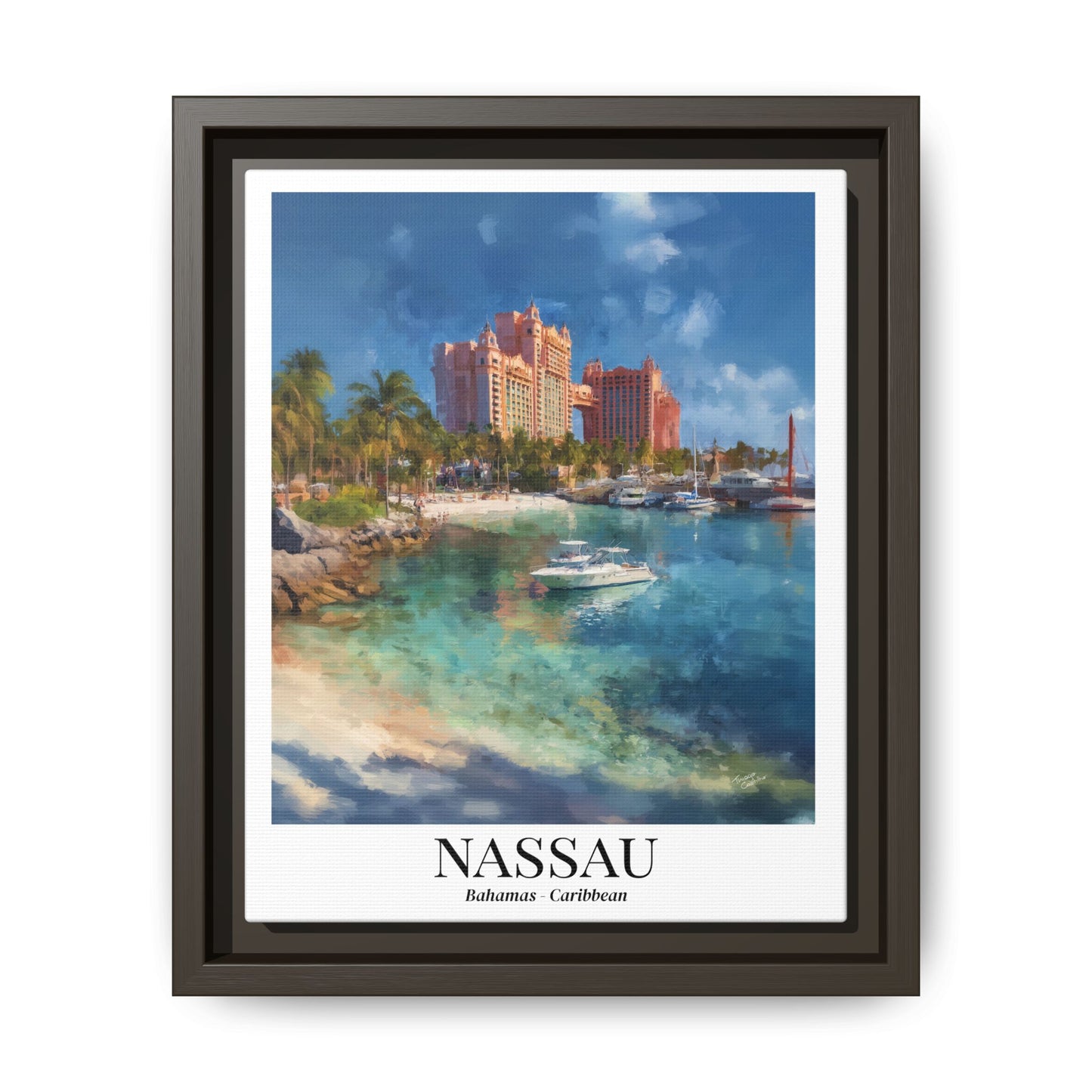 Nassau Framed Canvas Wall Art – Atlantis Resort Print, Cruise Ship Vacation Memory, Bahamas Decor, Beach House Gift for Travelers
