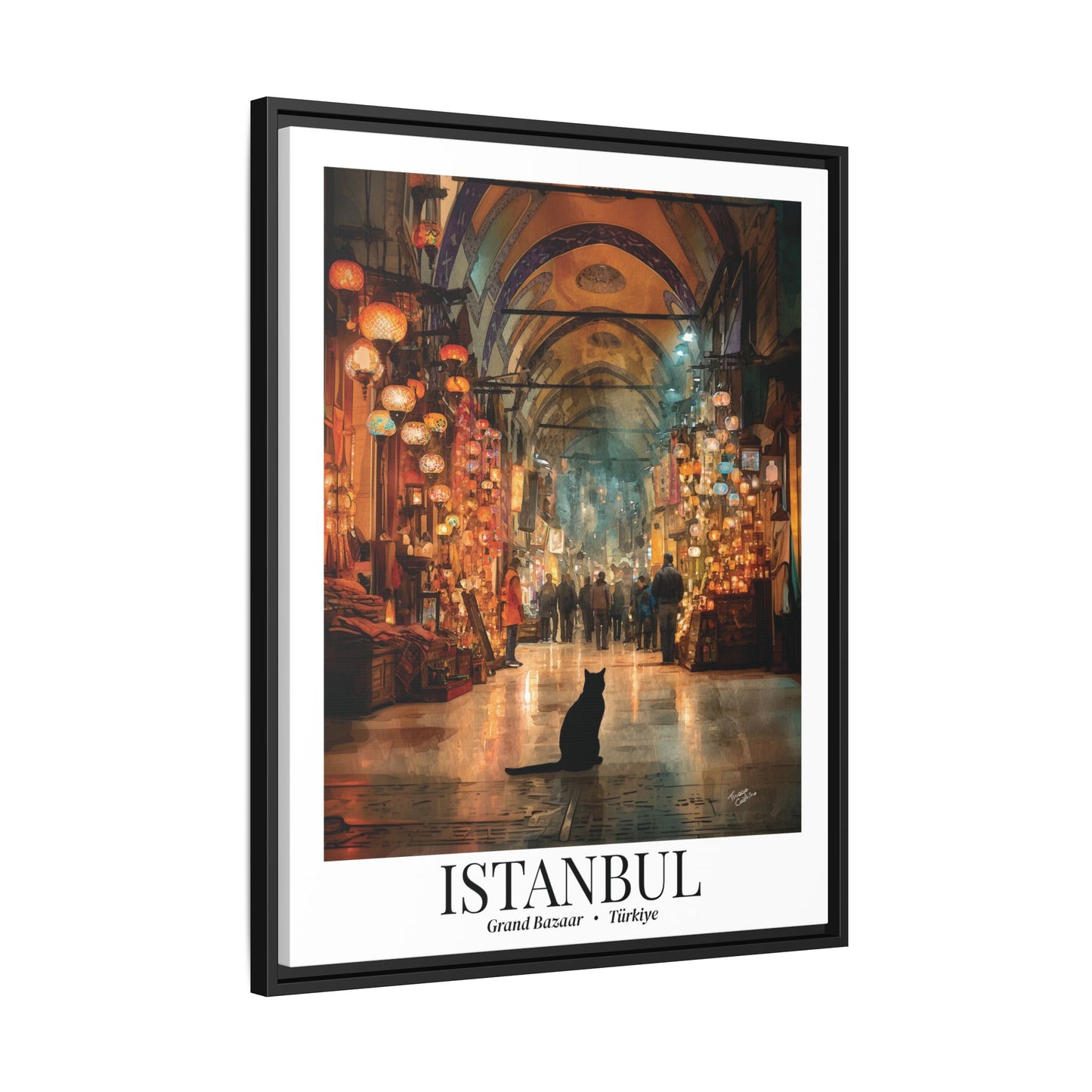 Istanbul Grand Bazaar Framed Canvas Print — Vintage Travel Poster with Cat