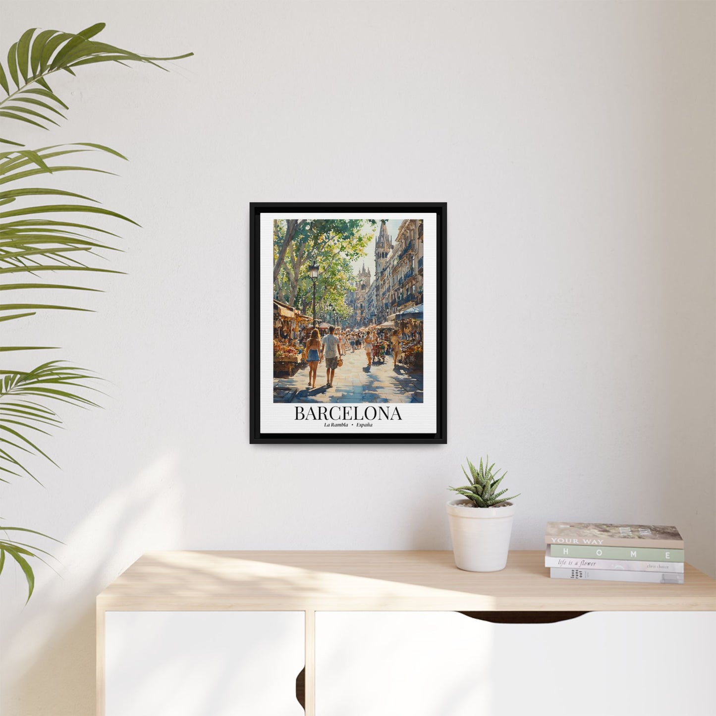 Barcelona Framed Canvas Wall Art – La Rambla Street Scene Print, Cruise Port Memory, Spain Travel Decor, Mediterranean Gift for City Lovers