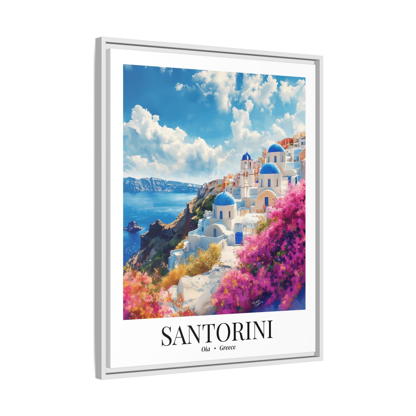 Santorini Framed Canvas Wall Art – Fine Art, Oia Sunset Print, Cruise Port Memory, Greece Travel Decor, Aegean Island Gift for Dreamers