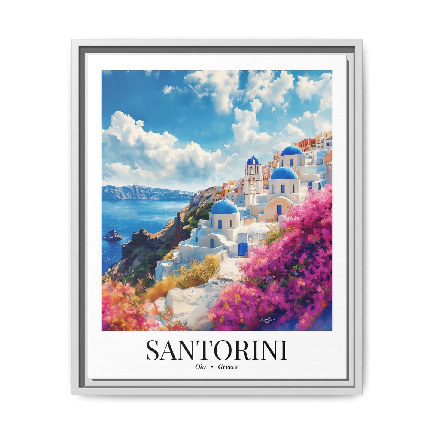 Santorini Framed Canvas Wall Art – Fine Art, Oia Sunset Print, Cruise Port Memory, Greece Travel Decor, Aegean Island Gift for Dreamers