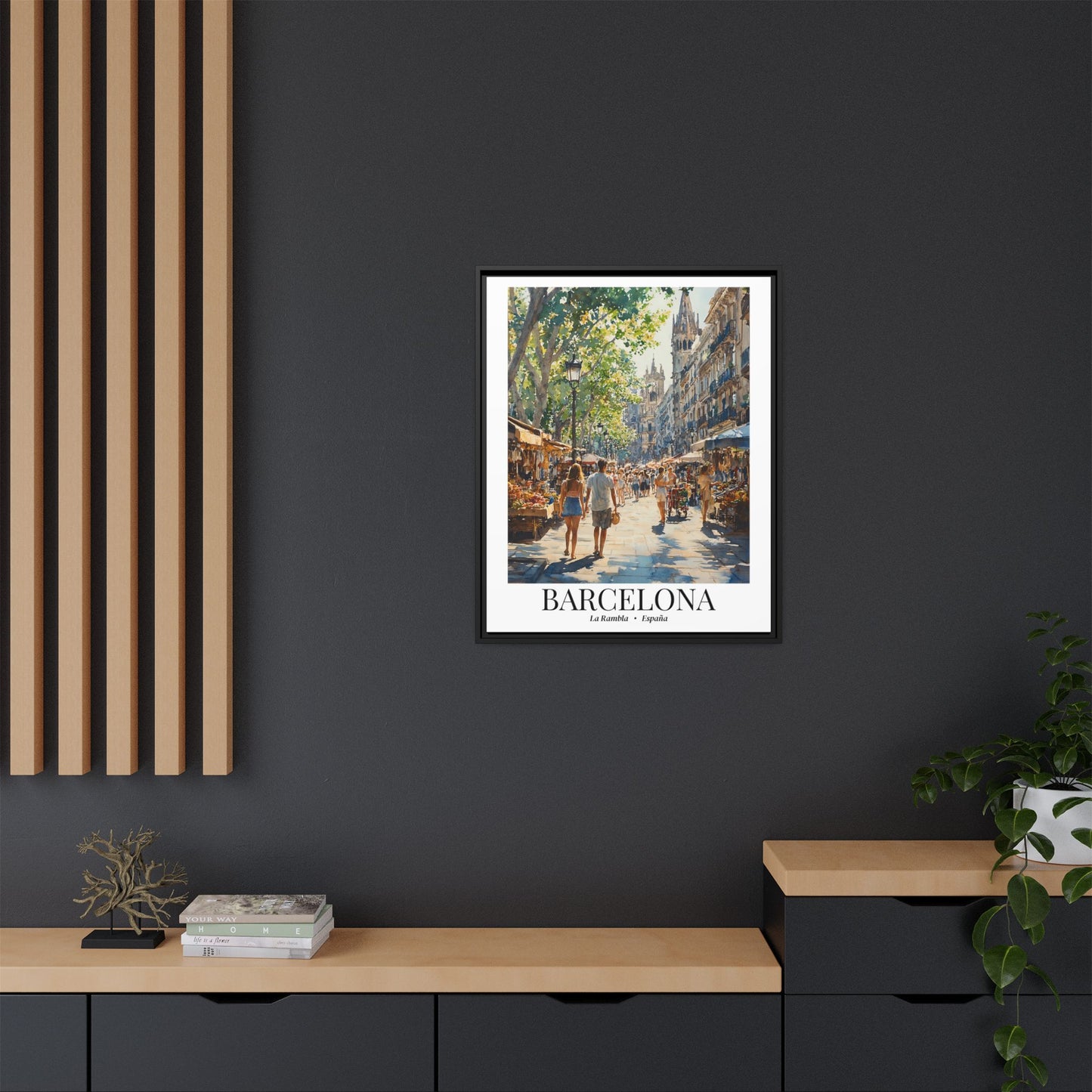 Barcelona Framed Canvas Wall Art – La Rambla Street Scene Print, Cruise Port Memory, Spain Travel Decor, Mediterranean Gift for City Lovers
