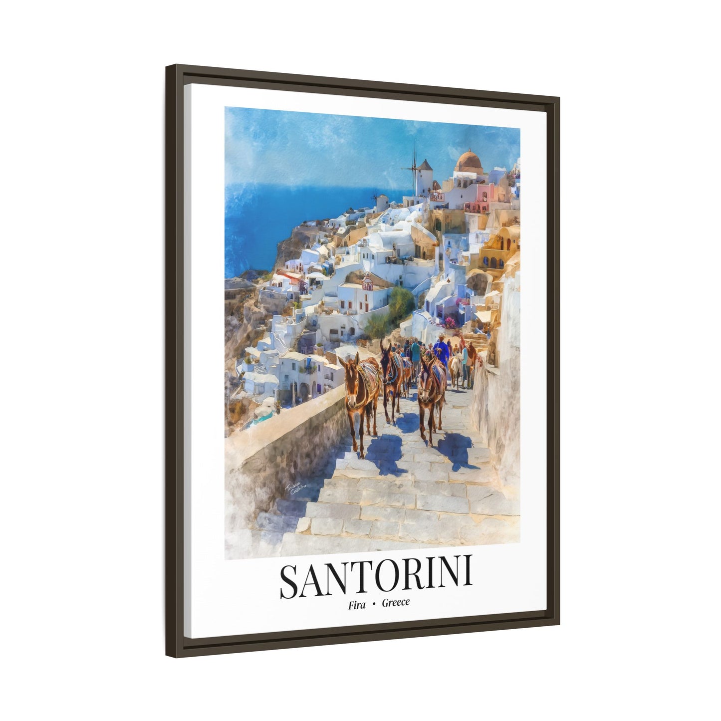 Santorini Framed Canvas Wall Art – Fine Art, Donkeys of Fira Print, Travel Memory, Greece Wall Decor, Nature-Inspired Gift