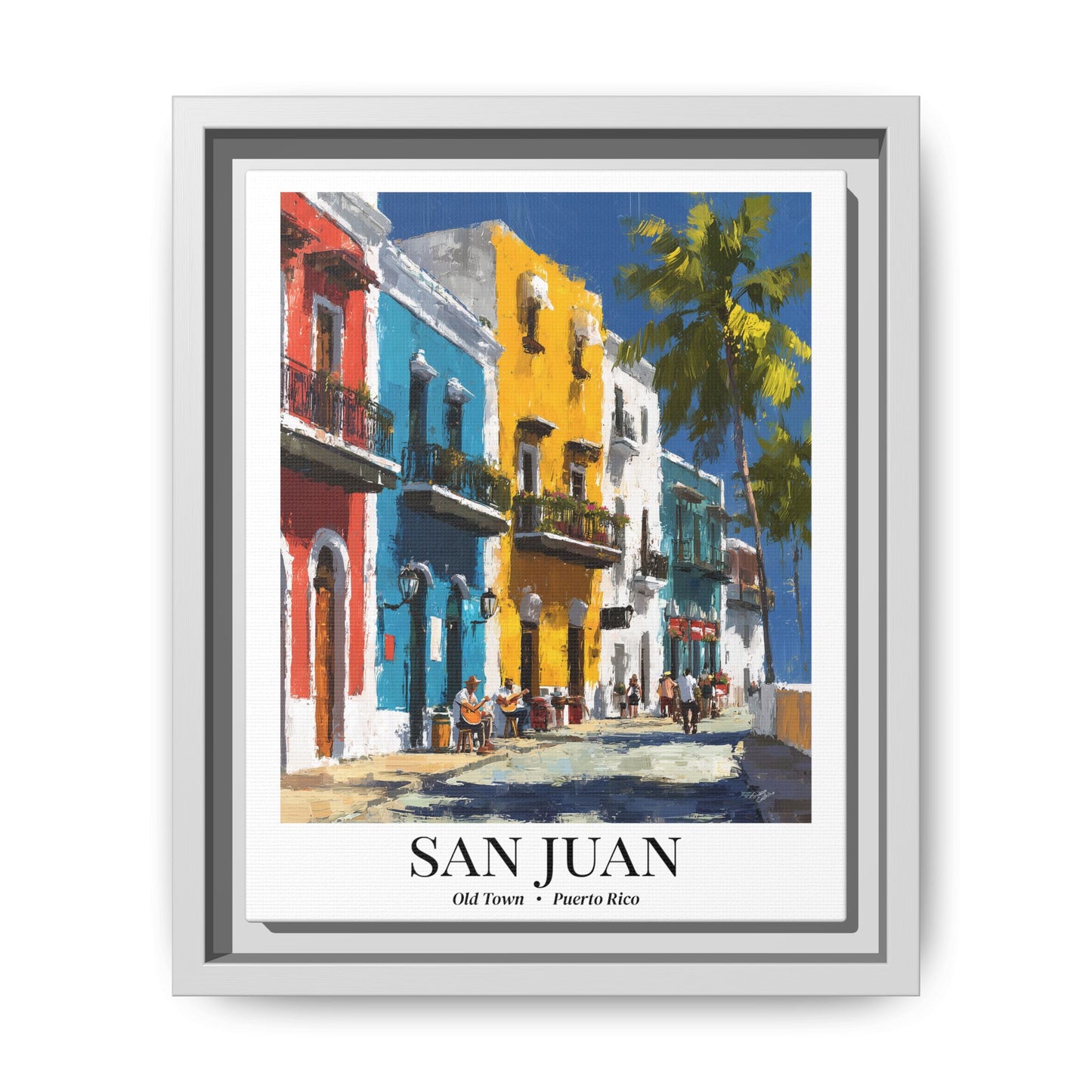 San Juan Framed Canvas Wall Art – Old Town Streets Print, Cruise Ship Vacation Memory, Puerto Rico Decor, Colonial Architecture Gift for Travelers