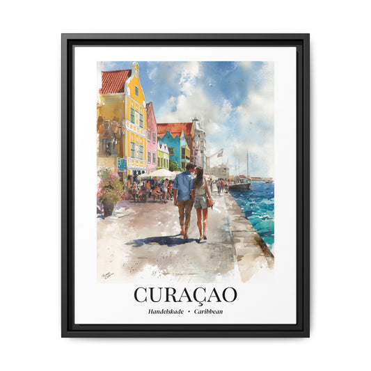 Curaçao Framed Canvas Wall Art – Fine Art, Handelskade Waterfront Print, Travel Memory, Caribbean Wall Decor, Nature-Inspired Gift