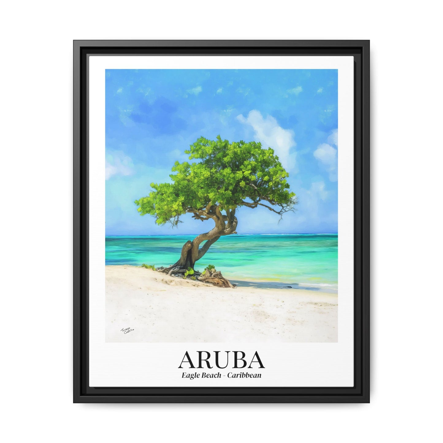 Aruba Framed Canvas Wall Art – Eagle Beach, Fofoti Tree Print, Cruise Ship Vacation Memory, Caribbean Decor, Beach House Gift for Travelers