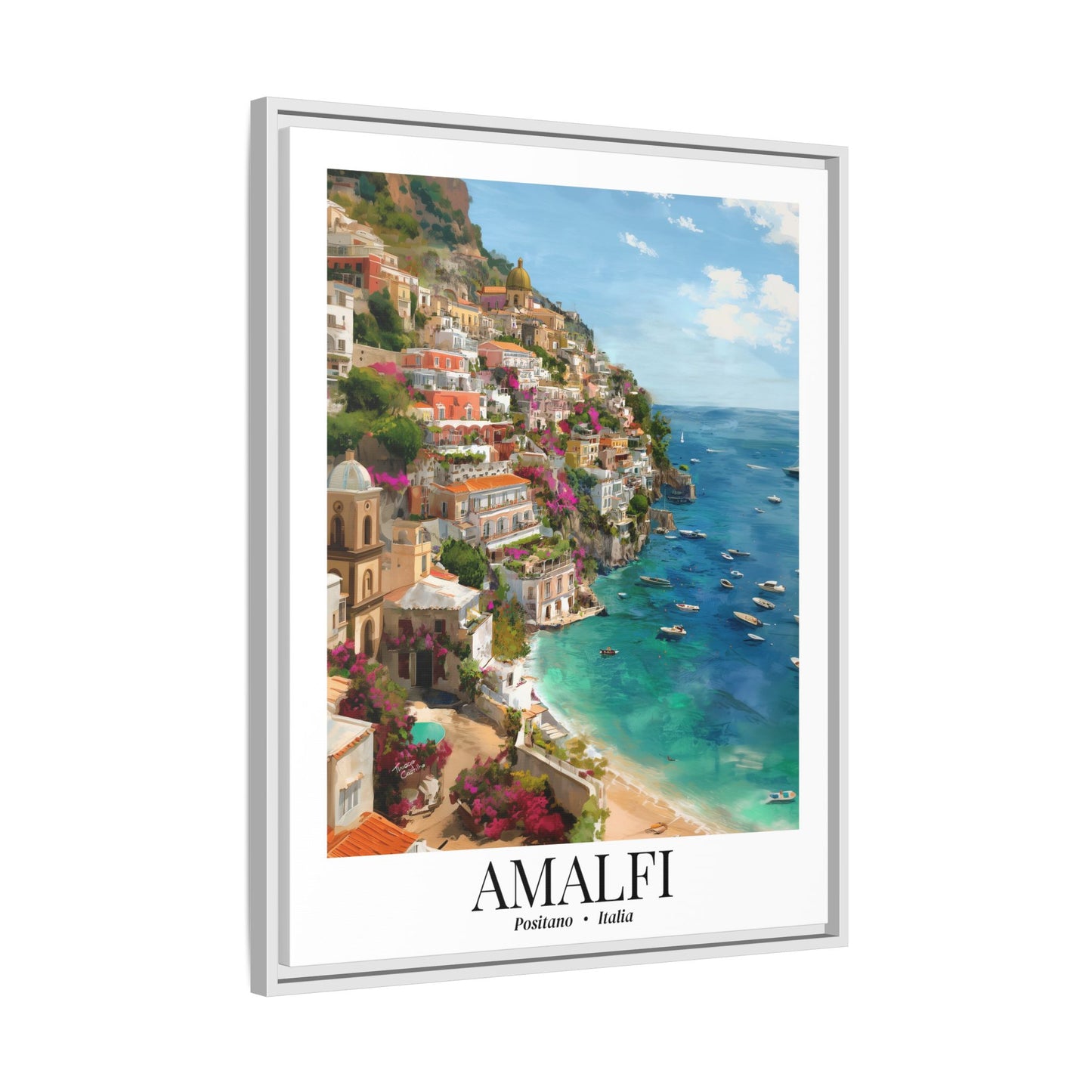 Amalfi Framed Canvas Wall Art – Fine Art,  Amalfi Coast Cliffside Town Print, Cruise Port Memory, Italy Travel Decor, Mediterranean Gift for Explorers