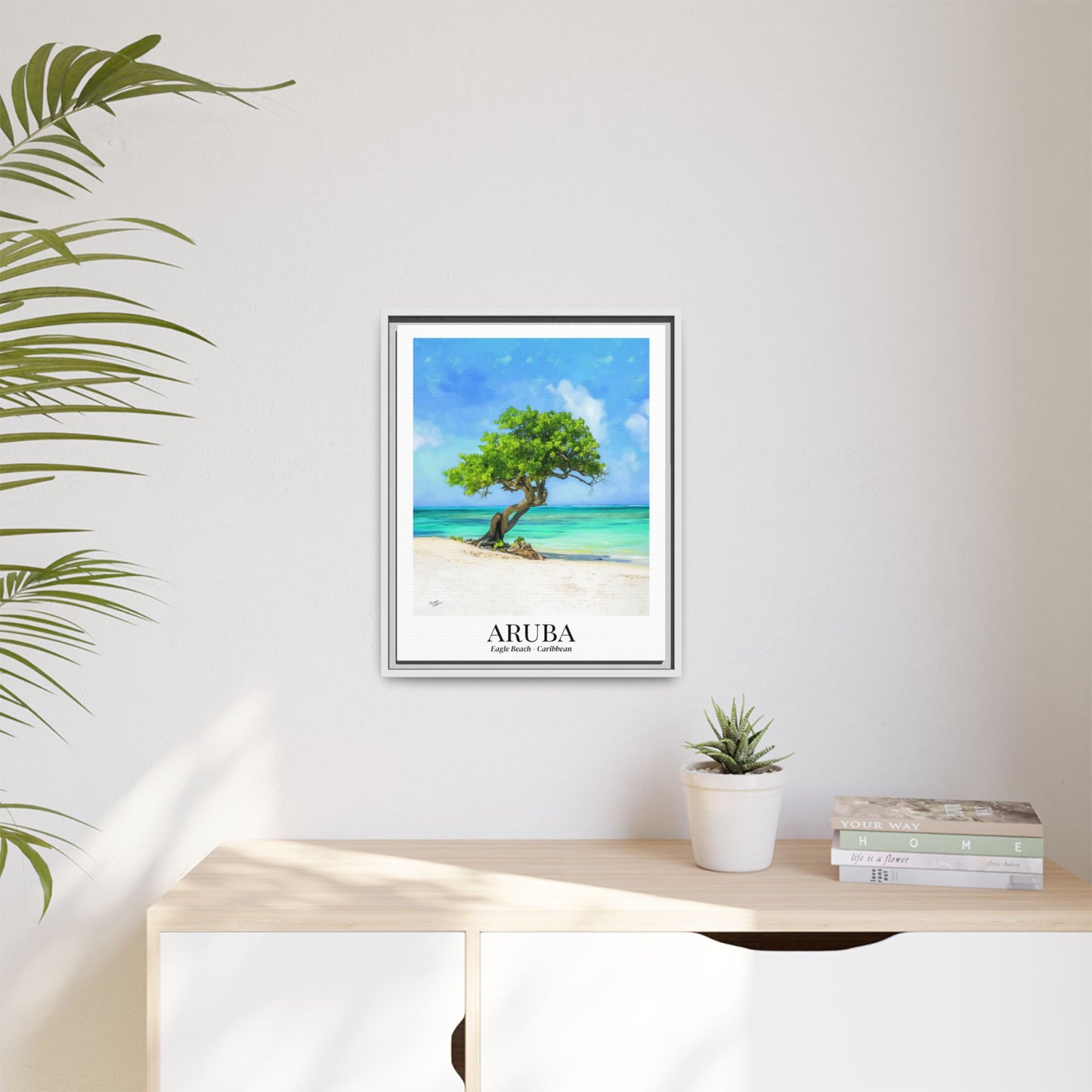 Aruba Framed Canvas Wall Art – Eagle Beach, Fofoti Tree Print, Cruise Ship Vacation Memory, Caribbean Decor, Beach House Gift for Travelers