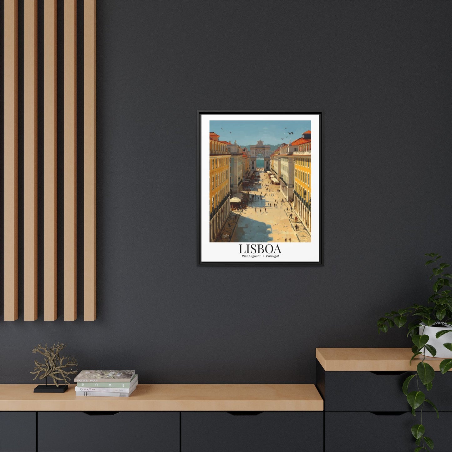 Lisbon Framed Canvas Wall Art – Rua Augusta Print, Cruise Port Memory, Portugal Travel Decor, European Gift for Architecture & Culture Lovers