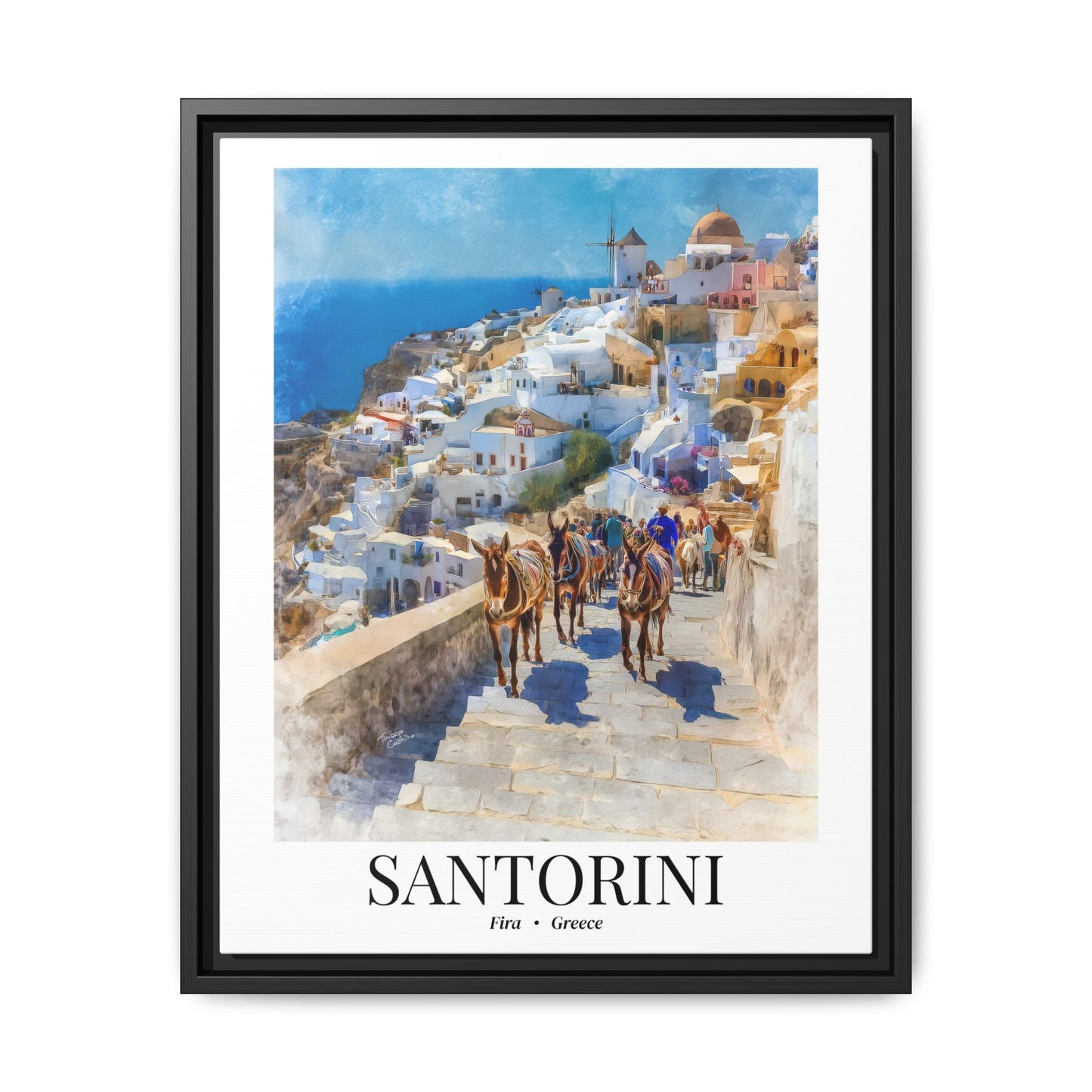 Santorini Framed Canvas Wall Art – Fine Art, Donkeys of Fira Print, Travel Memory, Greece Wall Decor, Nature-Inspired Gift