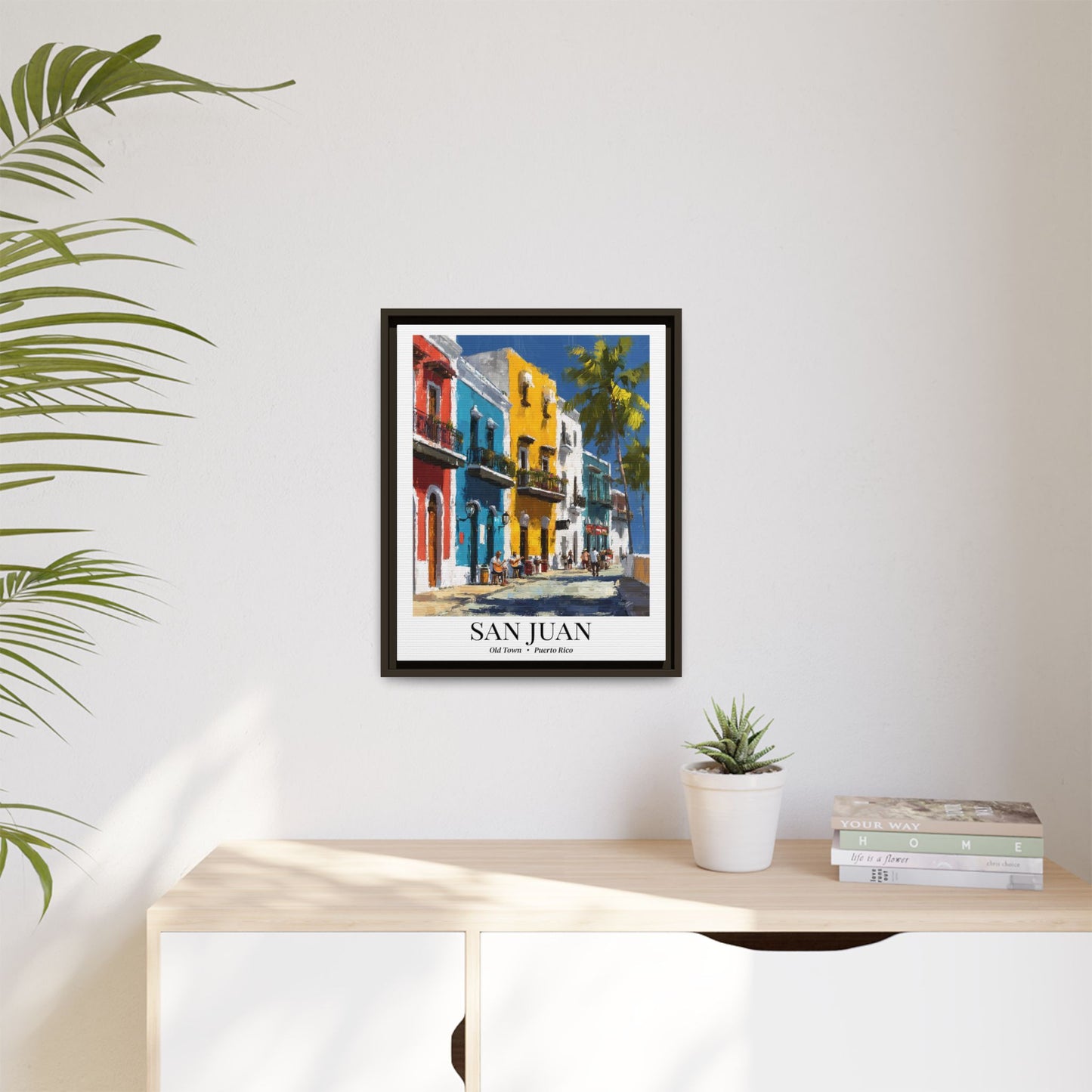 San Juan Framed Canvas Wall Art – Old Town Streets Print, Cruise Ship Vacation Memory, Puerto Rico Decor, Colonial Architecture Gift for Travelers